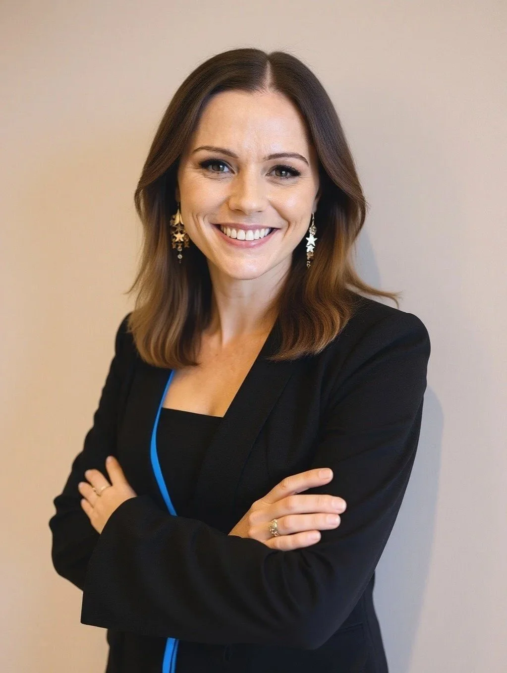 Rebecca Maklad - The Human Edge | Speaker A smiling woman with shoulder-length brown hair, wearing a black blazer and star-shaped earrings, standing with arms crossed.