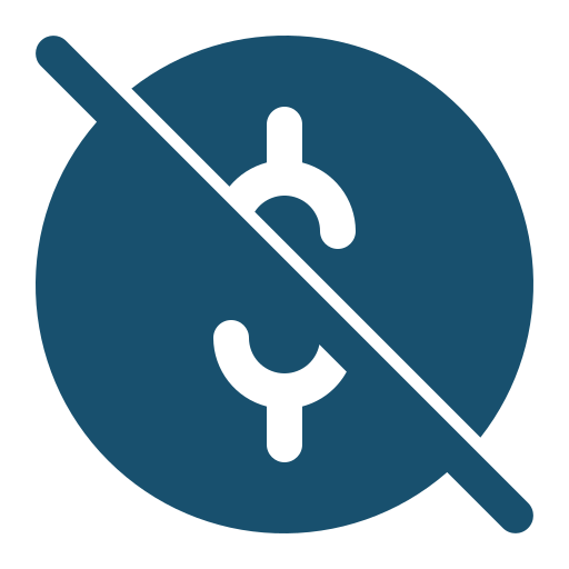 Icon of a dollar sign with a slash through it indicating no cost or free.