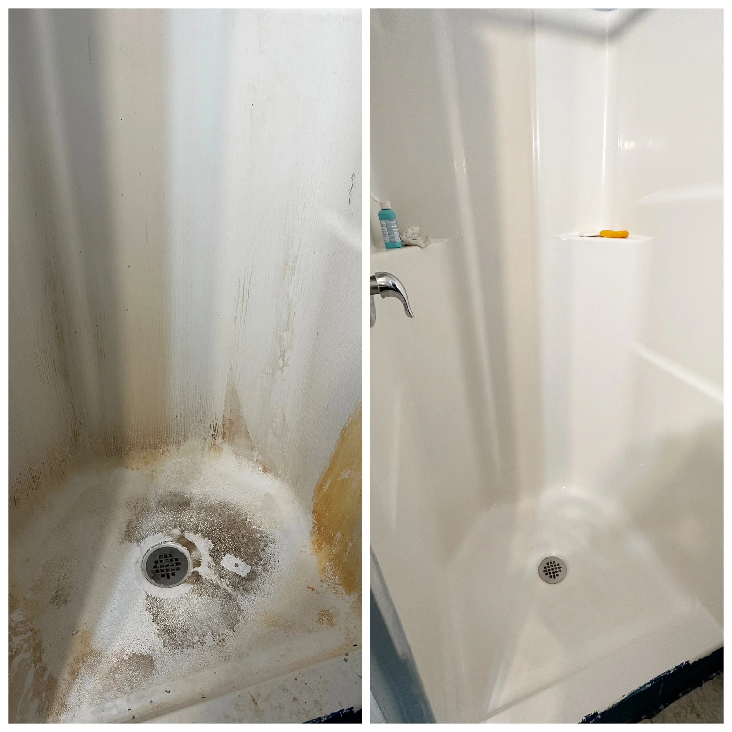 Comparison of a dirty, stained shower on the left and a pristine, cleaned shower on the right.