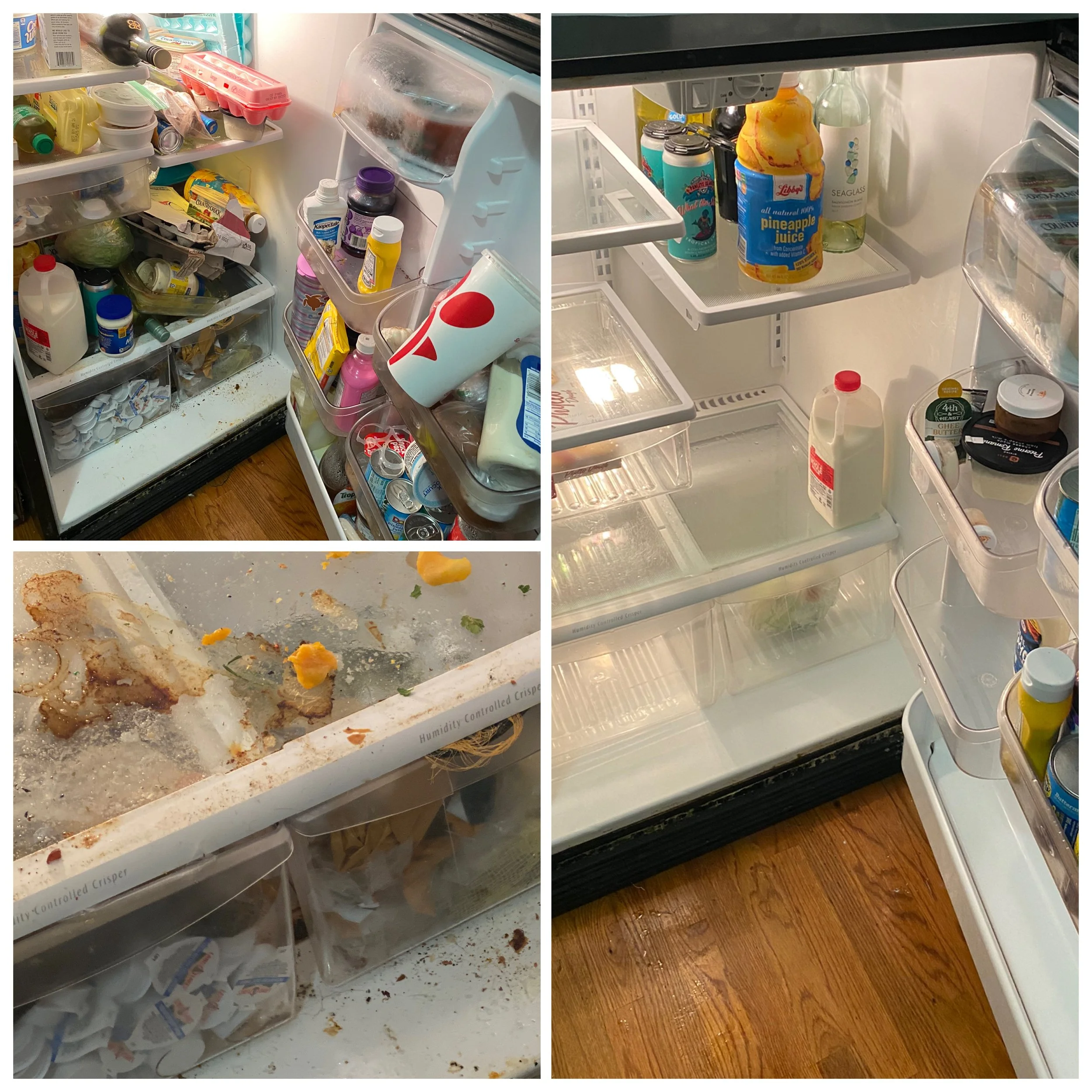Images of an open refrigerator with clutter, food containers, and spilled food inside, indicating it is very messy.