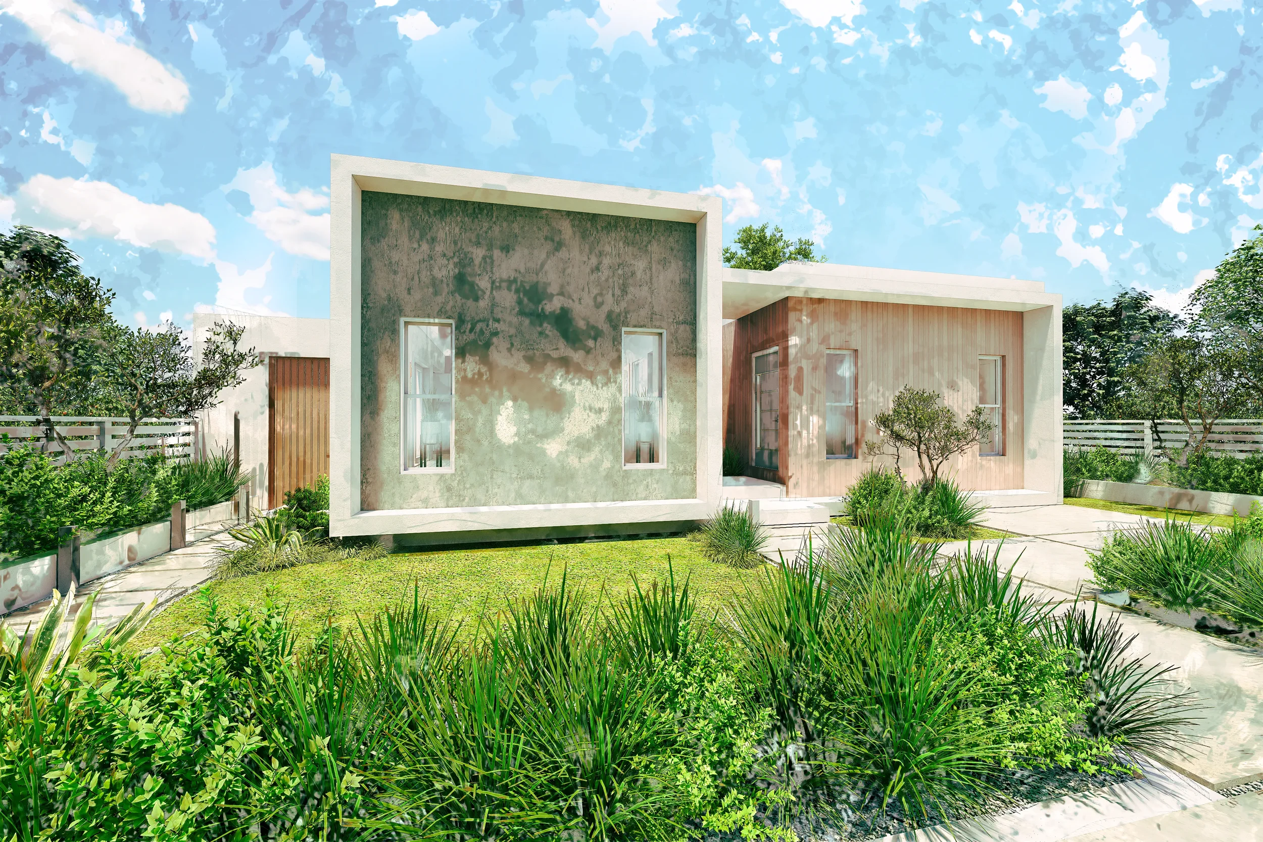 Modern house with a green and brown exterior, surrounded by a lush green garden with various plants and trees, under a partly cloudy sky.