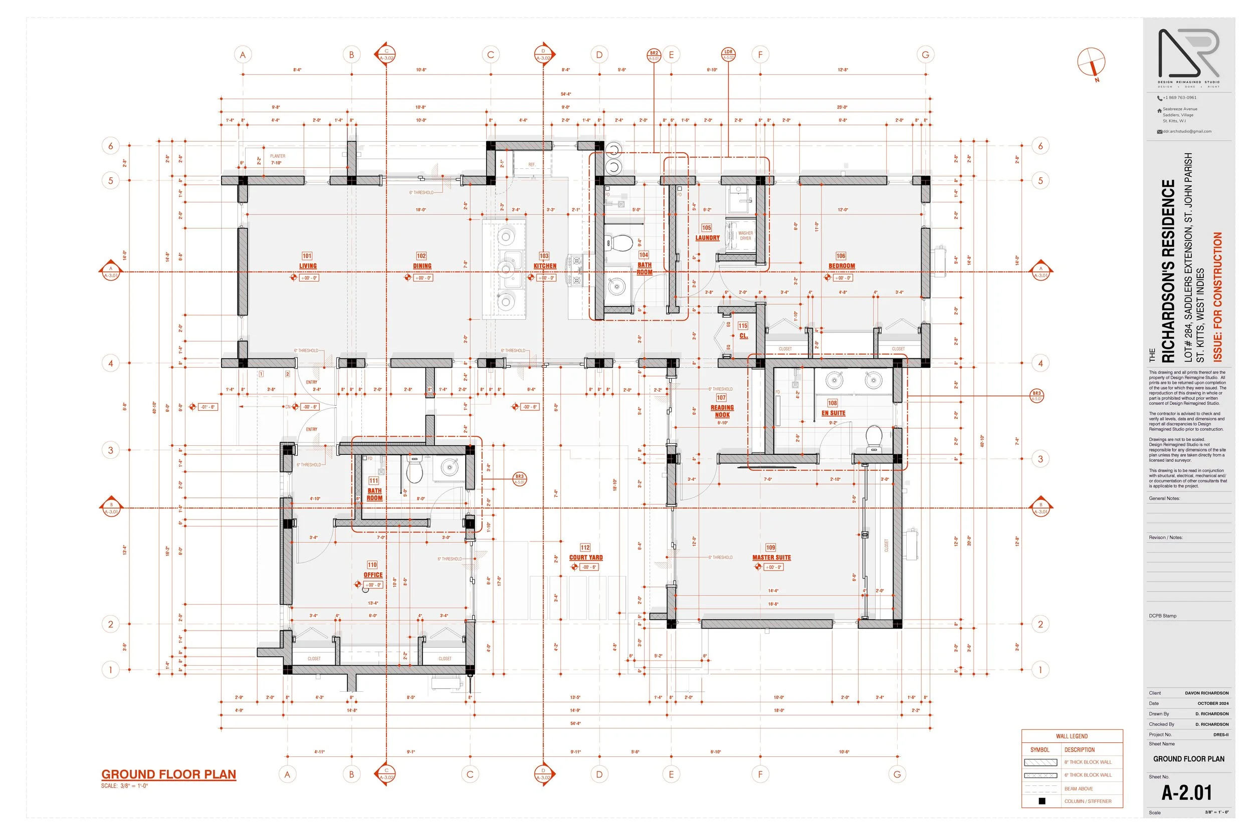 Architectural ground floor plan of a residence showing labeled rooms, walls, doors, and measurements, with detailed construction notes.
