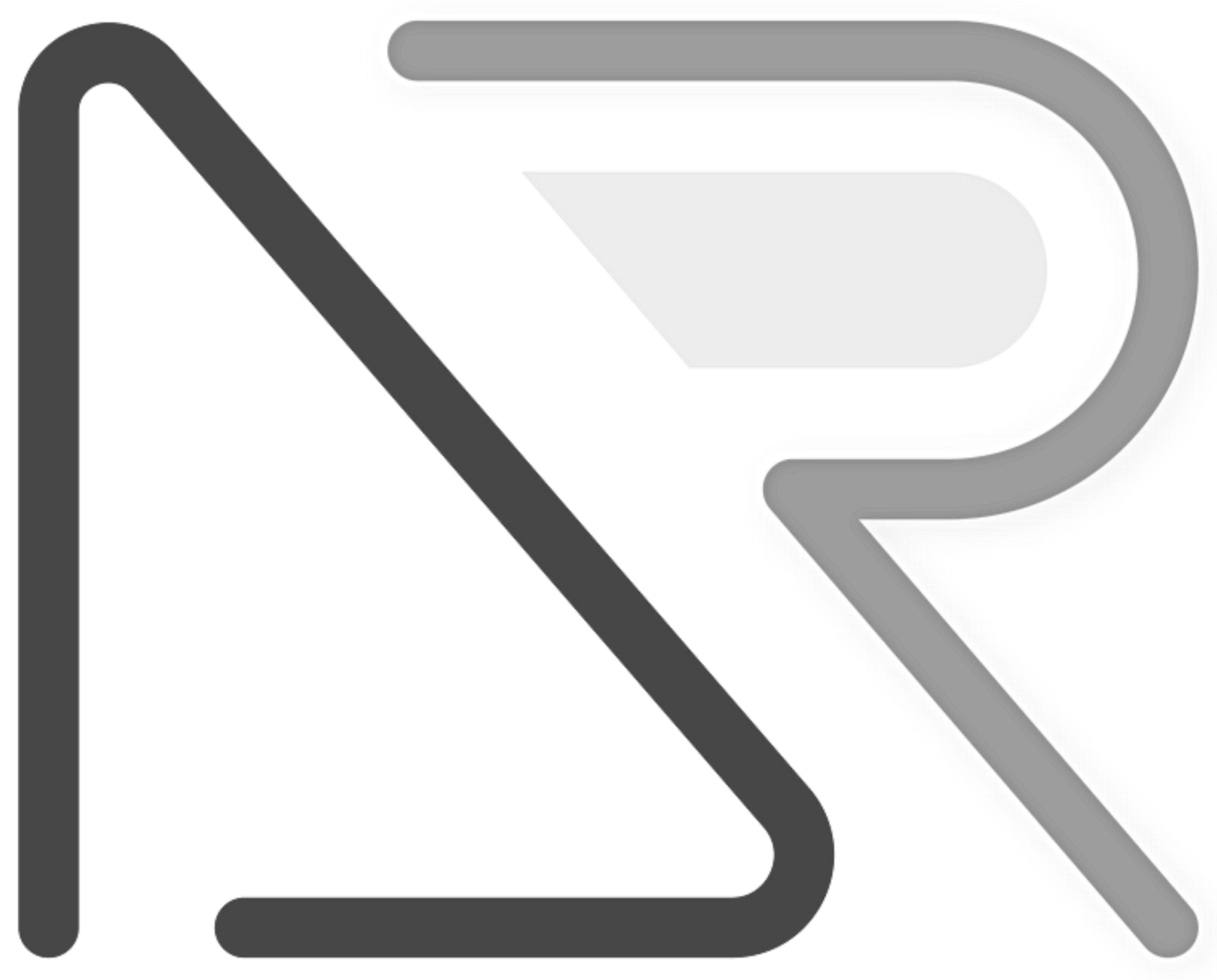 A large gray icon of a stylized letter 'R' with rounded corners and a thick border.