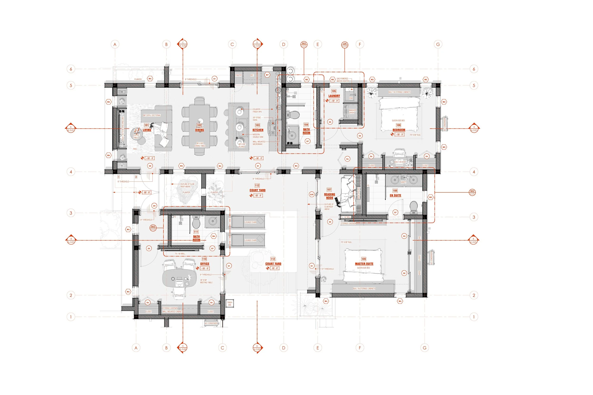 Detailed floor plan of a house showing rooms such as living room, dining area, kitchen, bedrooms, bathrooms, office, laundry, and courtyard yard.