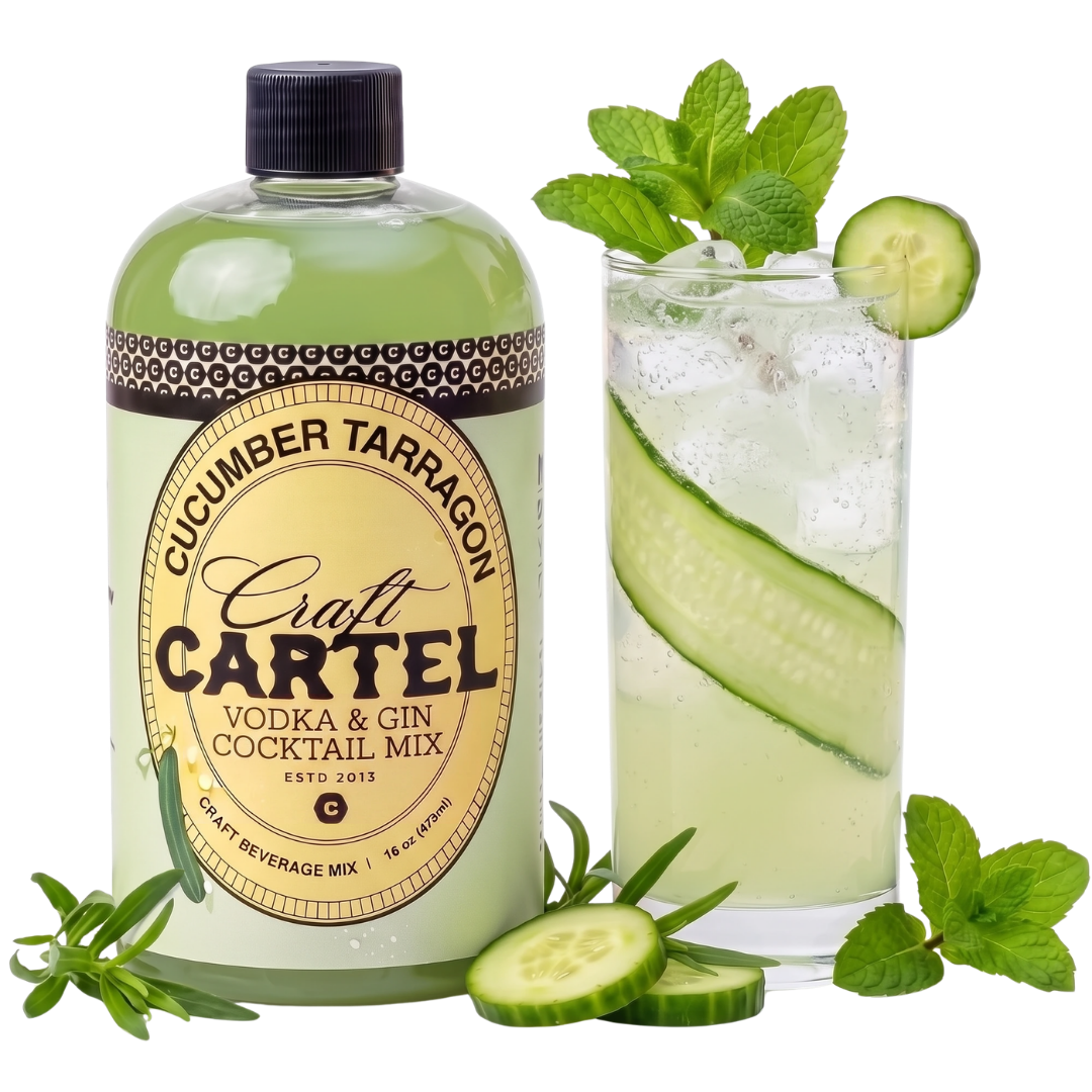 A can of Cucumber Tarragon Craft Cartel Vodka & Gin Cocktail Mix next to a glass of cucumber gin and tonic garnished with cucumber slices and mint leaves; additional cucumber slices and mint leaves are in front.