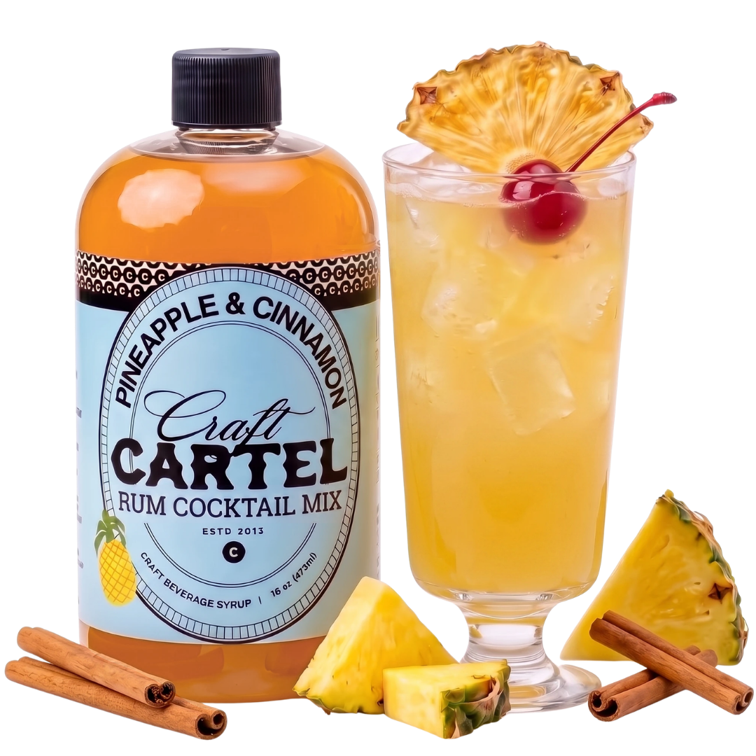 A bottle of Craft Cartel Pineapple & Cinnamon Rum Cocktail Mix, a tropical cocktail with pineapple, cherry, pineapple slices, ice, and cinnamon sticks, garnished with a maraschino cherry and pineapple slice.