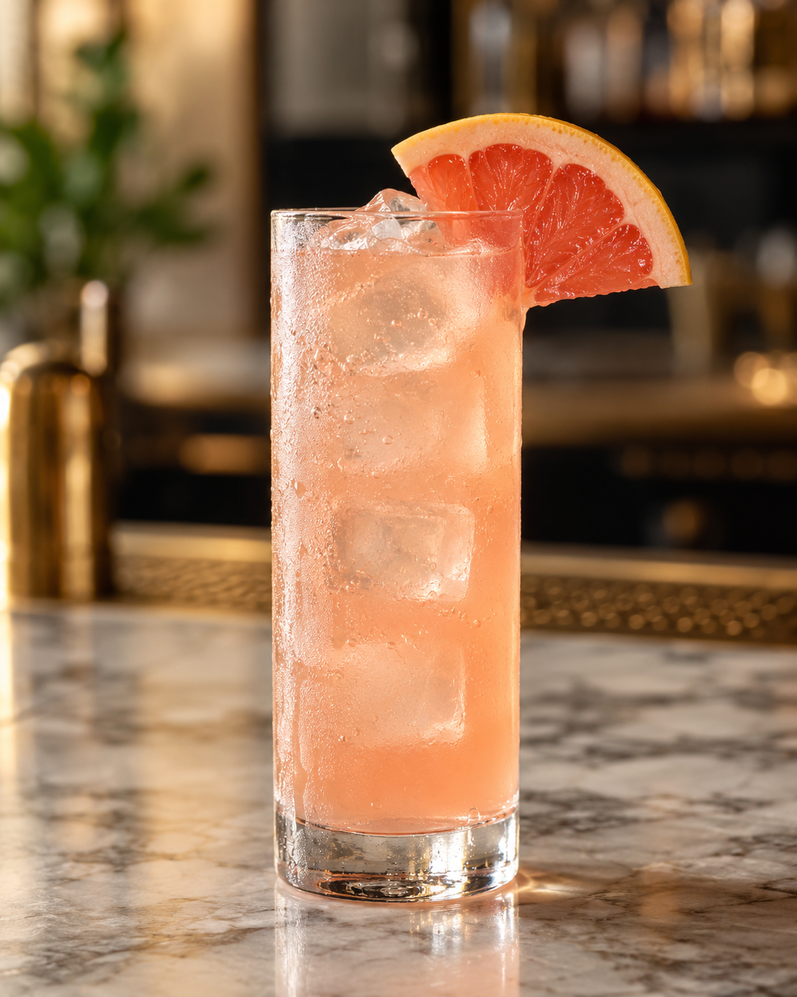 Paloma cocktail garnished with a grapefruit half moon