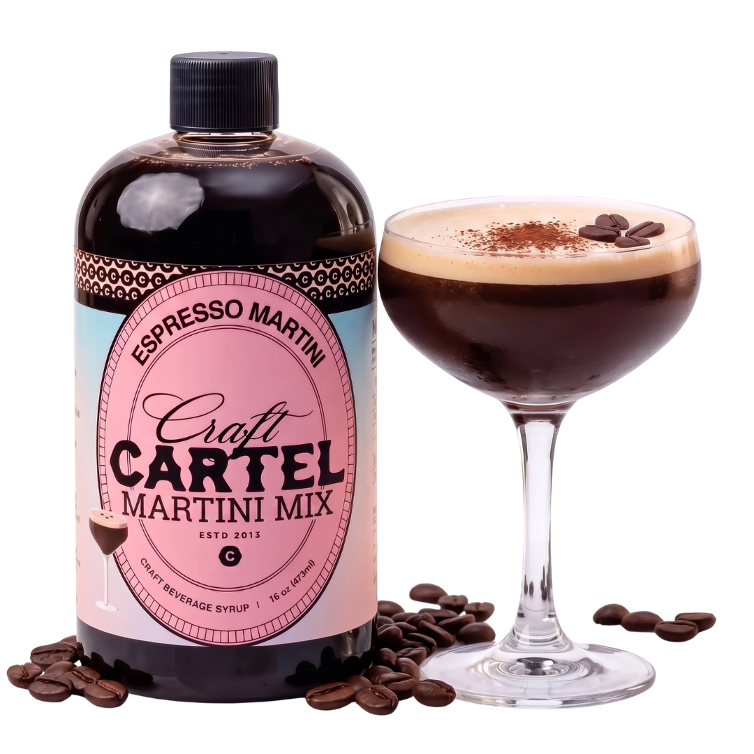 A bottle of craft Espresso Martini syrup next to a glass of finished Espresso Martini cocktail with coffee beans around it.