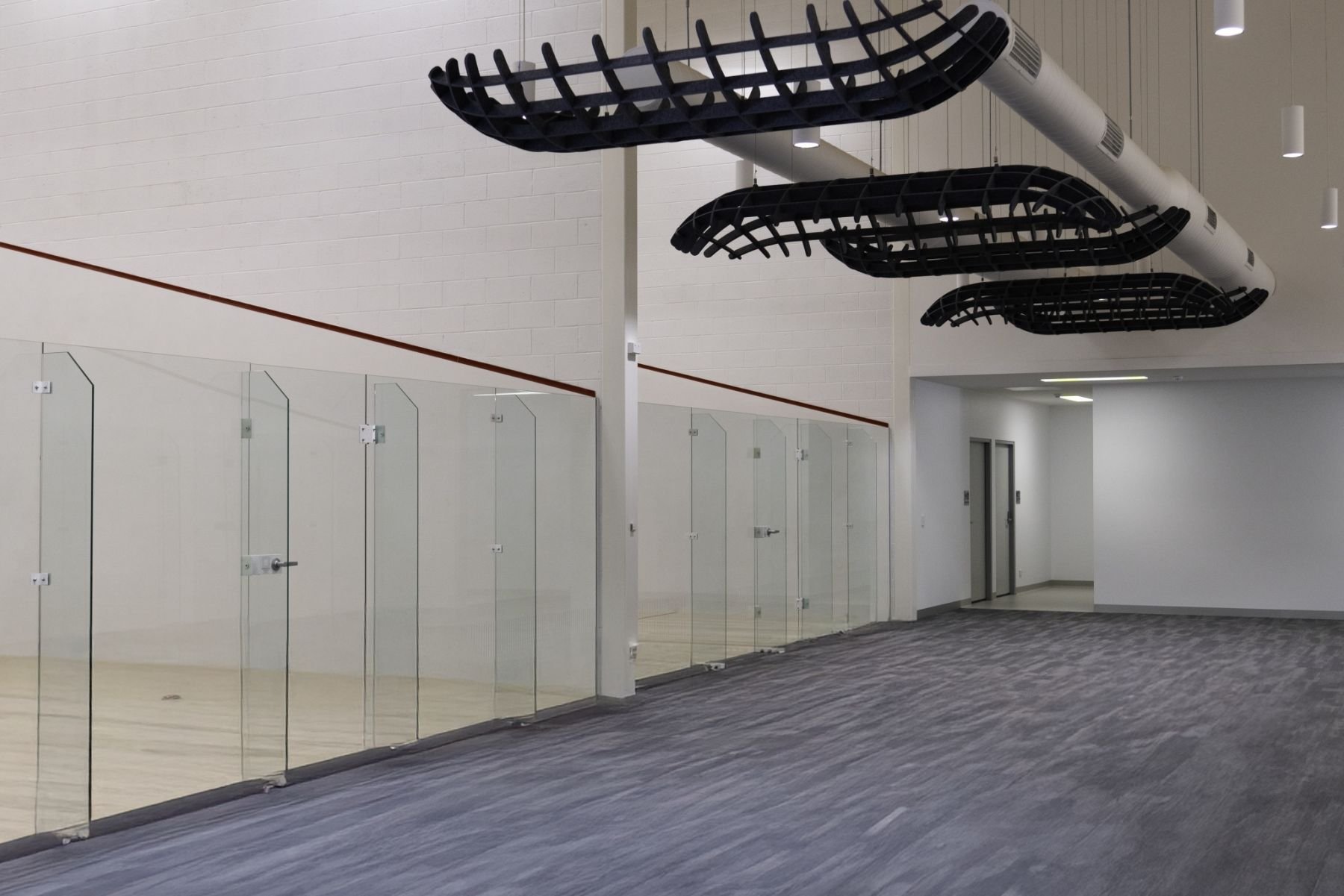 Empty indoor sports facility with a glass wall, gray wood flooring, and a black skating or cycling rink ceiling structure.