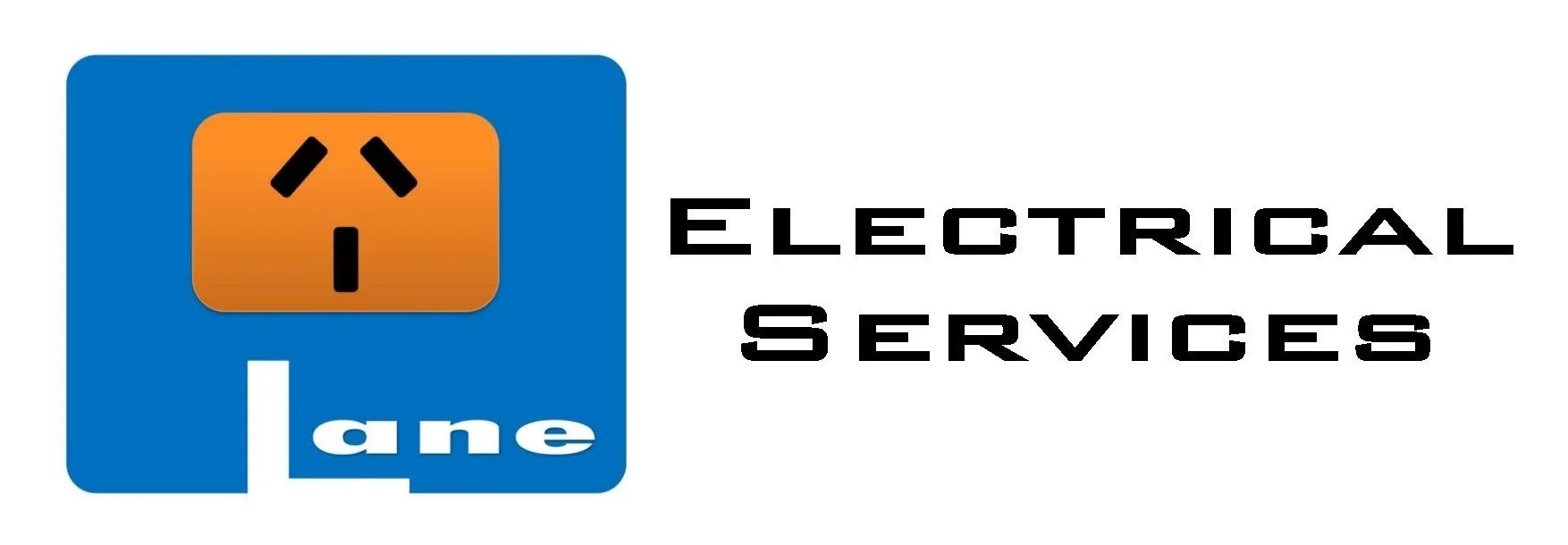 Logo for Electrical Services with a blue background and an orange electrical outlet with a face, and the words 'Lane Electrical Services'