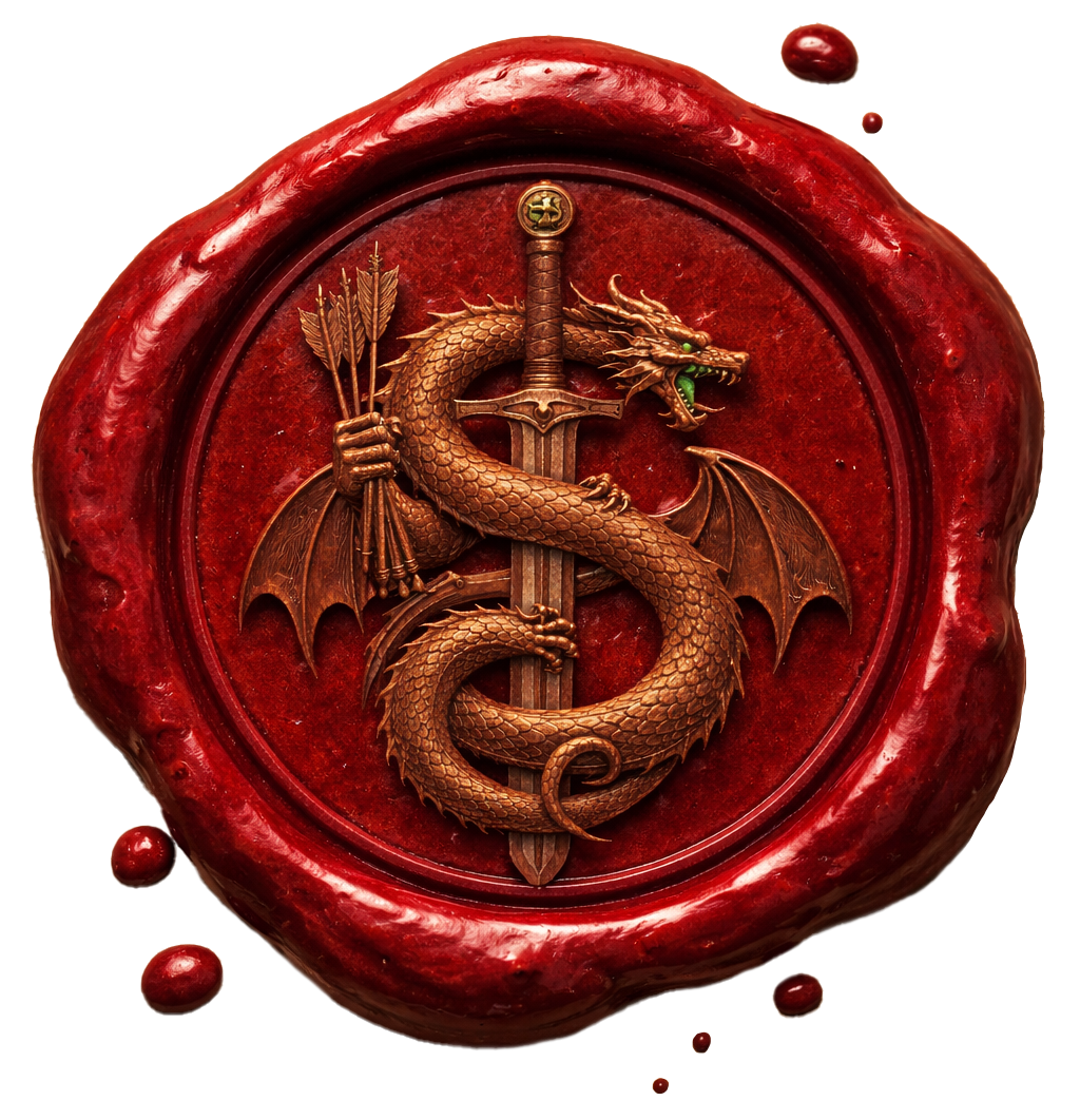 A red wax seal with an embossed crest design of a bronze-colored dragon,  wrapped around a sword, holding a bundle of arrows in its claws and has emerald green eyes.