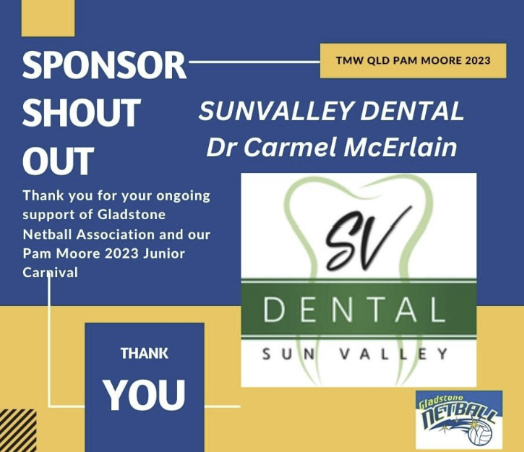 A thank you message for a sponsor at the Pam Moore 2023 Junior Carnival, recognizing Sunvalley Dental, Dr. Carmel McErlain, with a logo of a tooth and the words 'SV Dental' on it.