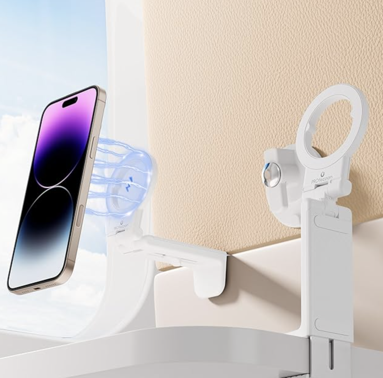 Magnetic Airplane Phone Holder  - this fits perfectly on the closed (or open) backseat tray and can hold your phone hands-free while you stream