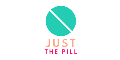 Logo with a teal pill in the center, and the words "JUST THE PILL" below, with "JUST" in beige and "THE PILL" in pink.