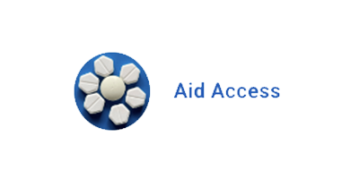 A blue button with the text 'Aid Access' next to a icon of interconnected white and blue gears.