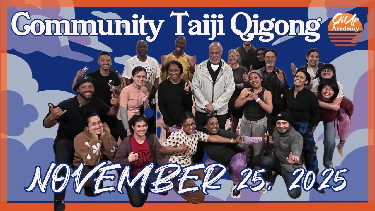 Group of diverse people posing and smiling, with a backdrop that reads 'Community Taiji Qigong' dated November 25, 2025, and a logo in the top right corner.