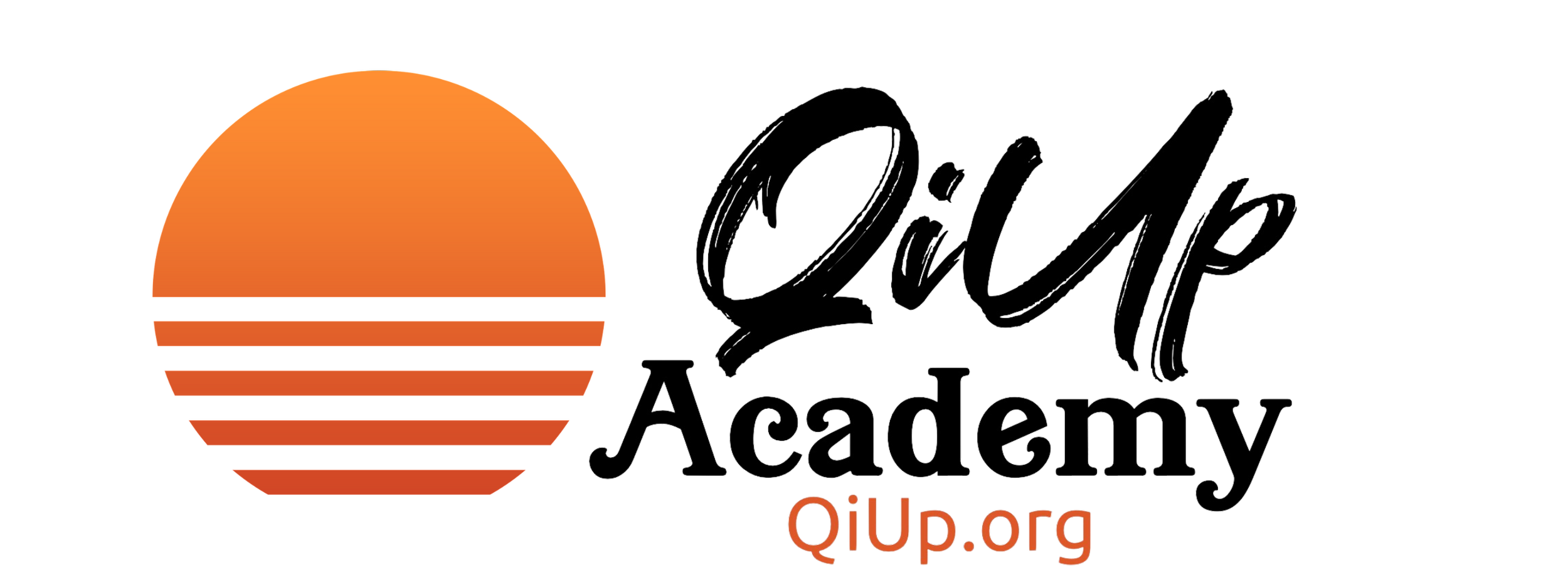 Logo for Qi Up Academy featuring an orange sunset with horizontal lines and the text 'Qi Up Academy' and 'QiUp.org'.