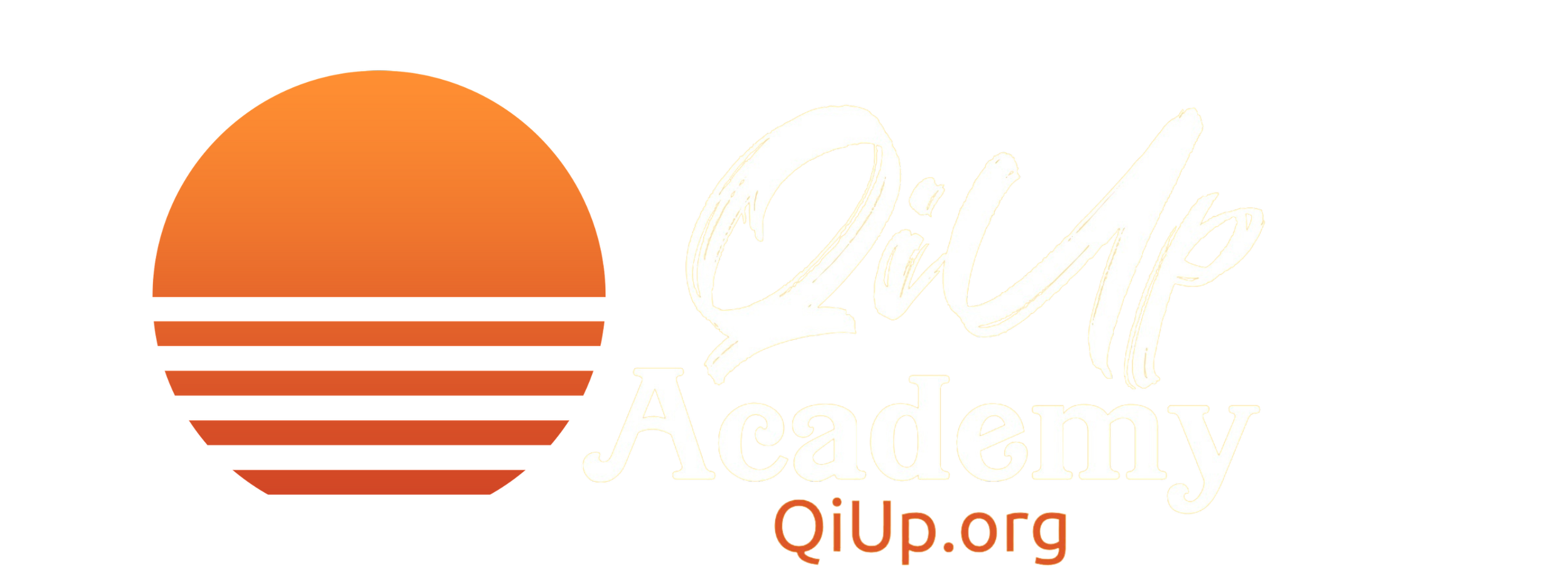 Logo for Clout Academy featuring an orange sun with horizontal stripes, with the words 'Qi Up Academy' in white, cursive font, and the website 'qiup.org' in orange.