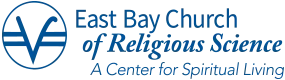 Logo of East Bay Church of Religious Sciences, featuring a stylized cross and the church's name in blue and black text