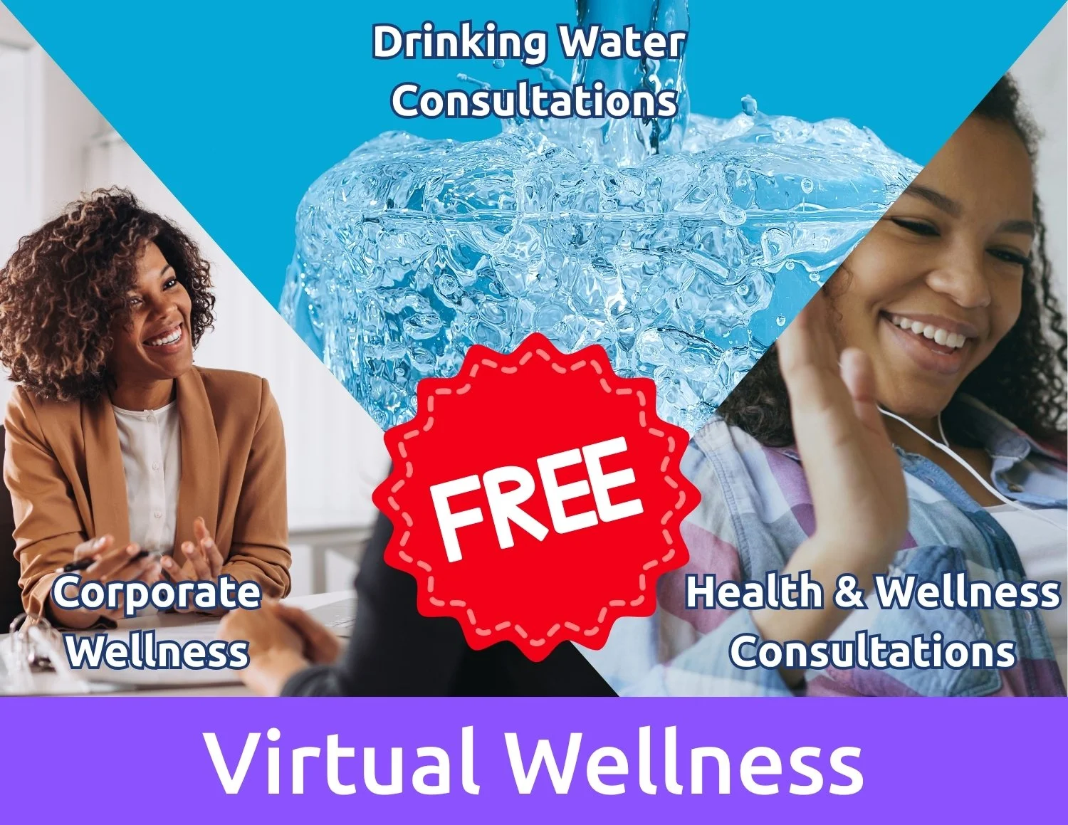 A promotional graphic for virtual wellness consultations featuring images of smiling women, a splash of water, and a red badge stating 'FREE', with text emphasizing corporate, health, and wellness consultations.