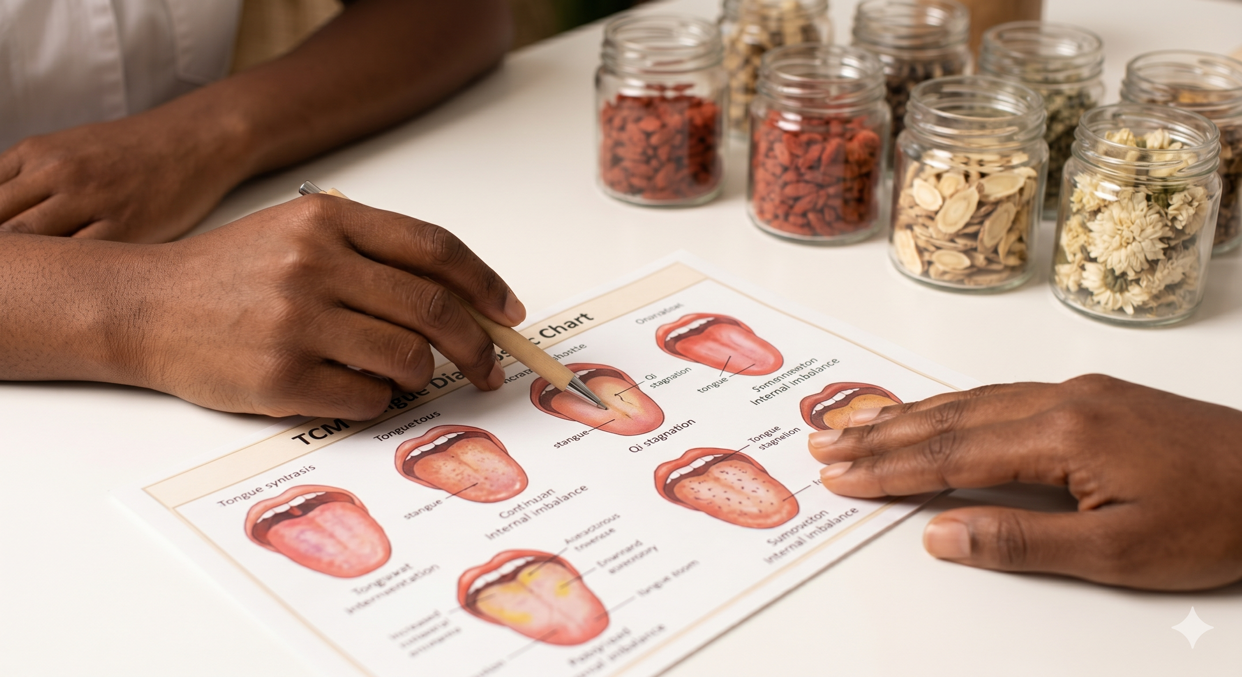 Person analyzing a tongue diagram with small jars of herbs or spices nearby.
