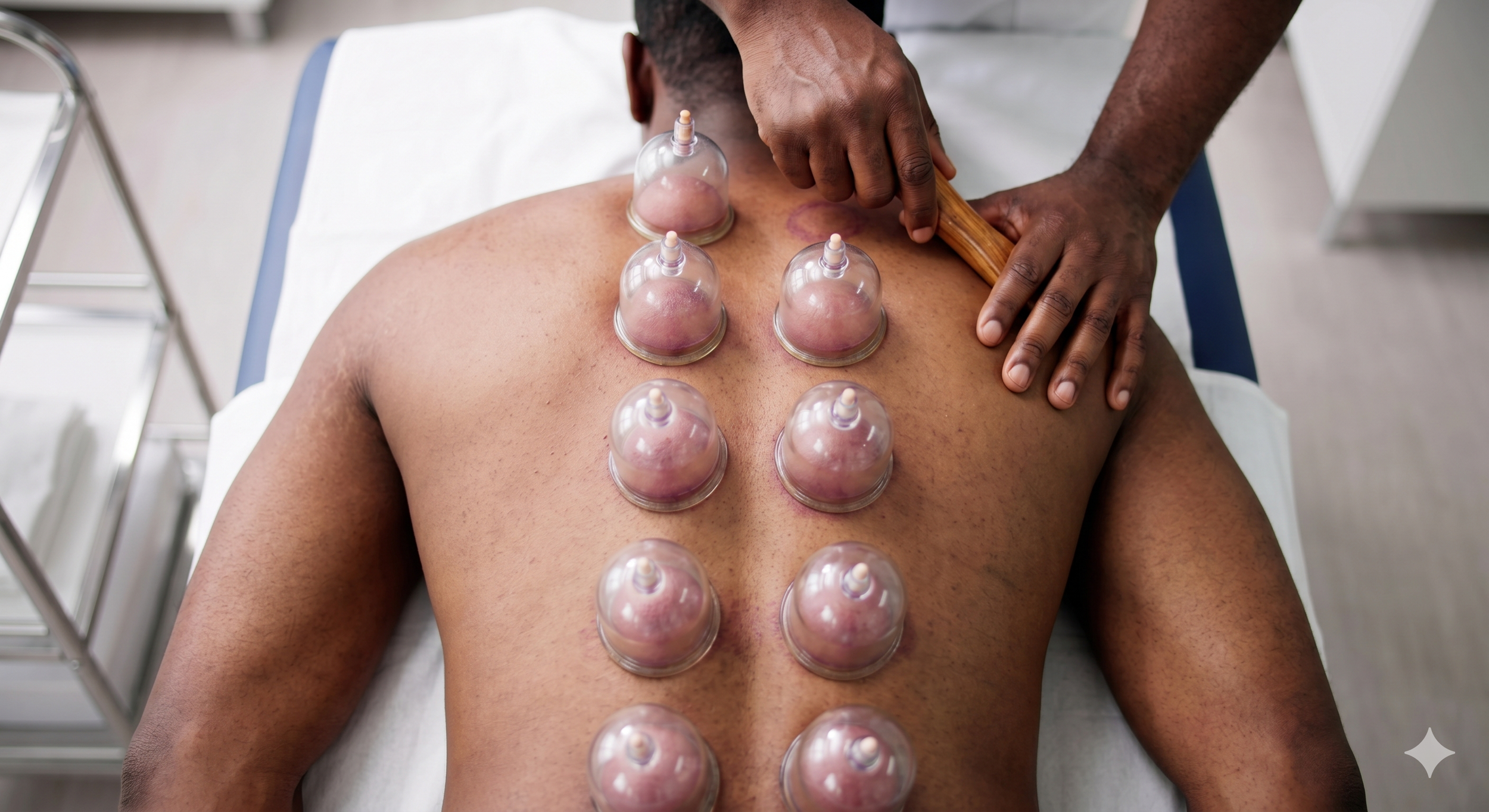 Person receiving cupping therapy on their back with multiple cups applied and suction device being adjusted.
