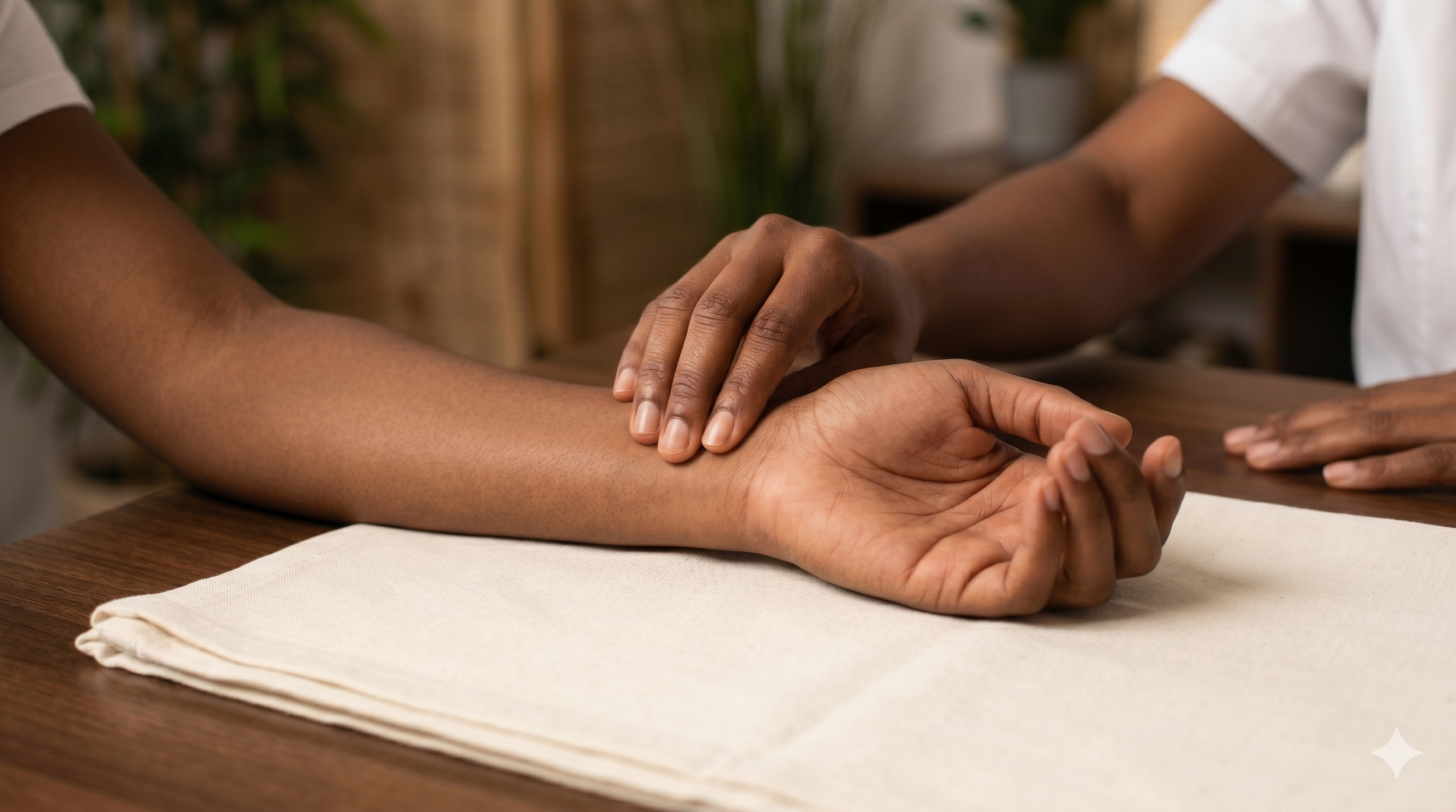 A person receiving a massage on their arm from a massage therapist in a spa-like setting.
