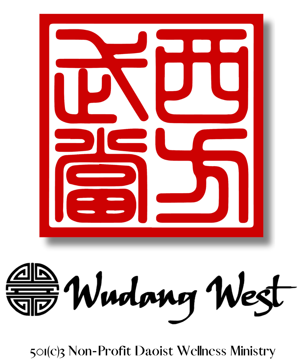 A red square seal with Chinese characters and a black circular logo with Chinese elements, and the text "Wudang West" and "501(c)3 Non-Profit Daoist Wellness Ministry" underneath.
