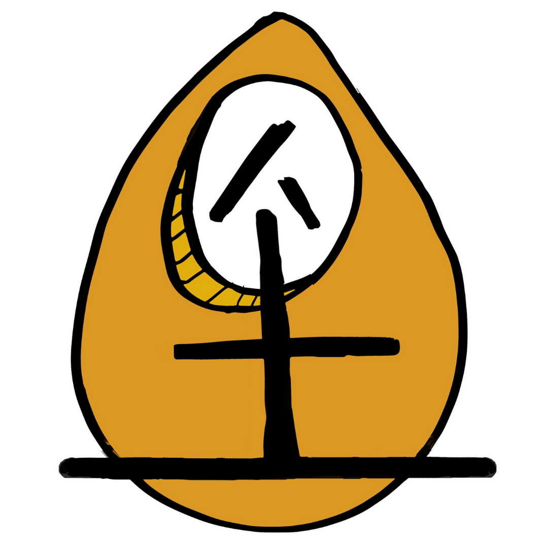A colorful, stylized drawing of a clock with a large white face and black hands, set against an orange teardrop-shaped background, with a black horizontal and vertical line intersecting at the center.