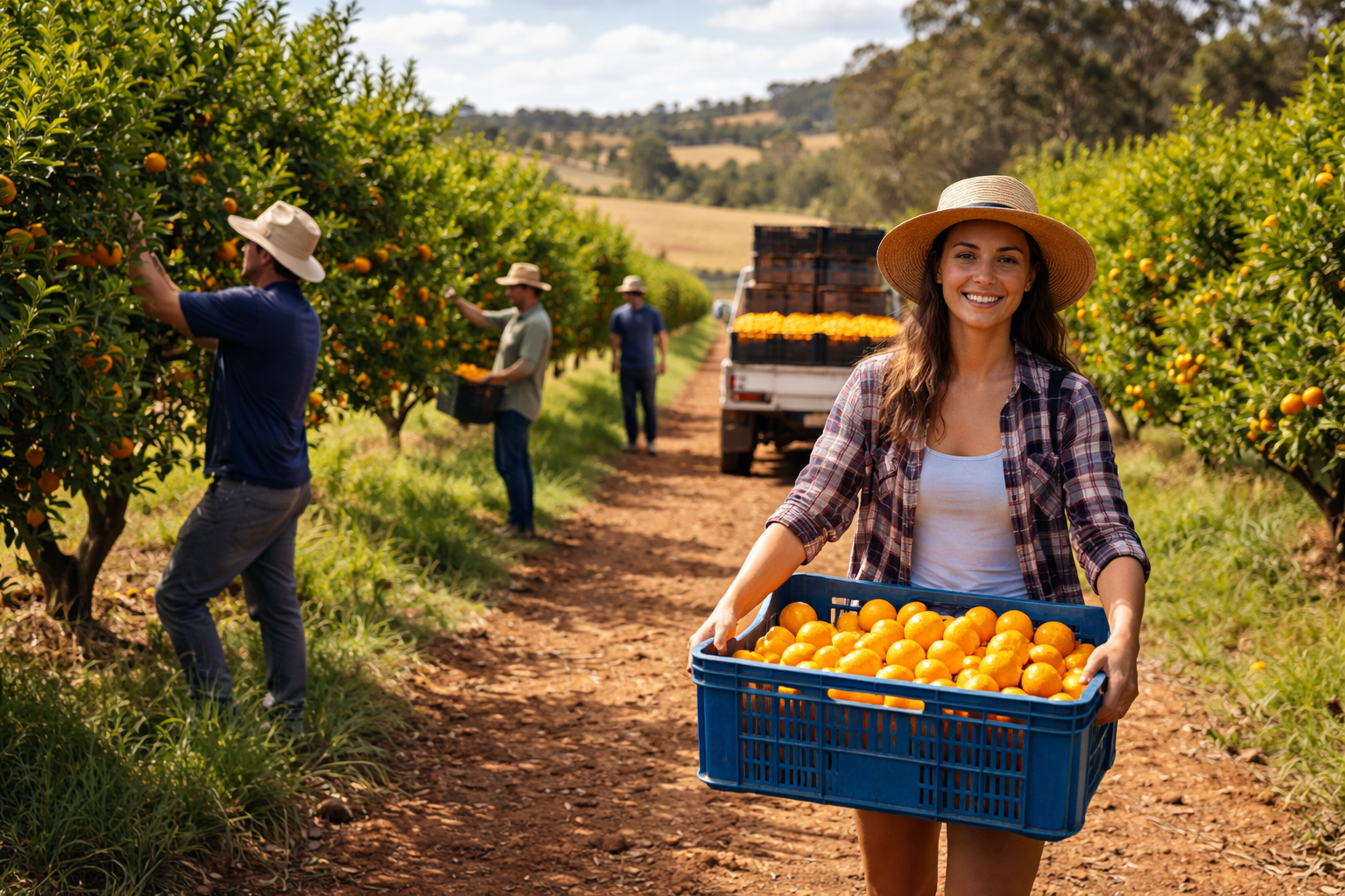 A young woman holding a blue basket of oranges on a farm, with male farm workers picking oranges from trees in the background.