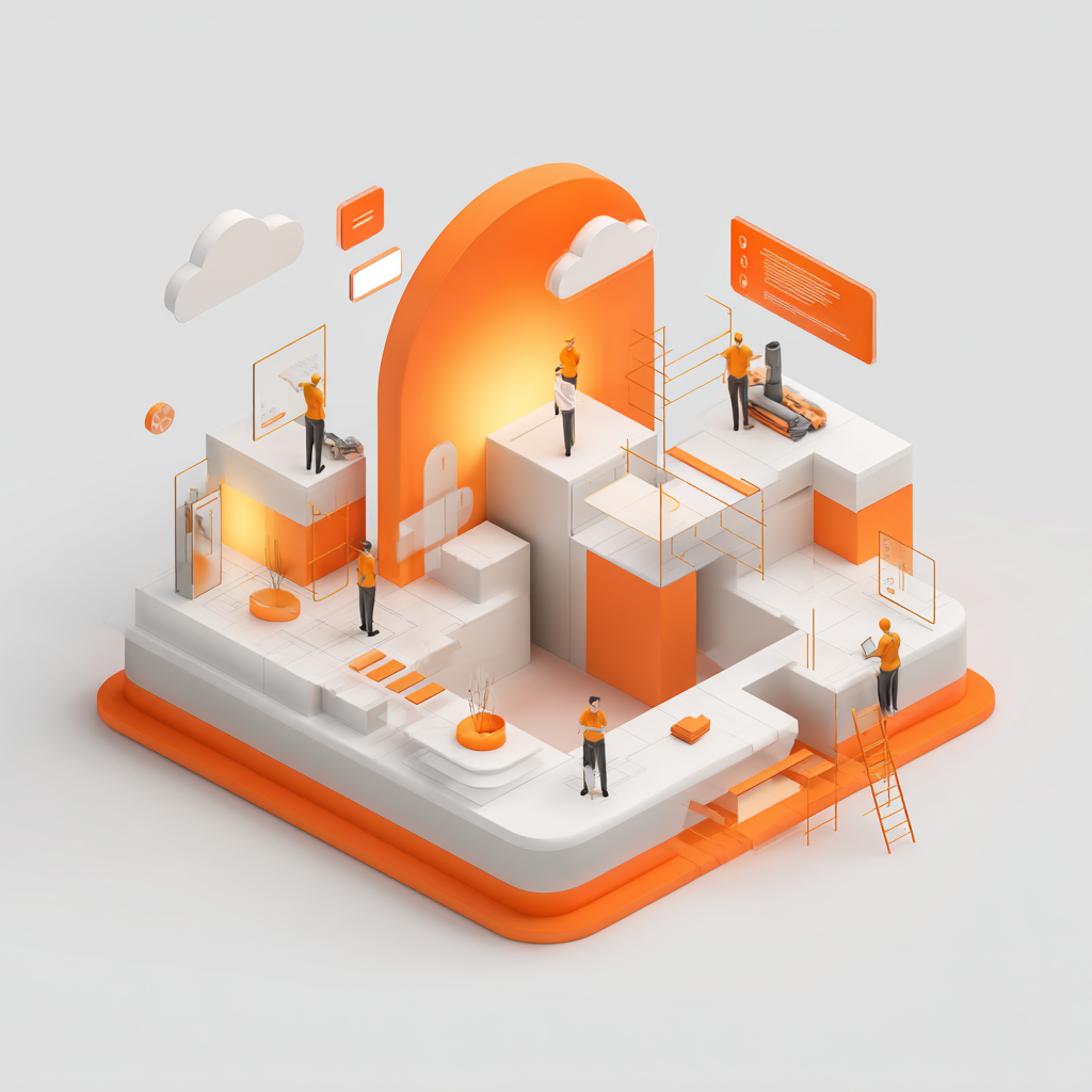 Futuristic digital interface displaying lines of code and data flow in a dark background with orange and blue highlights.