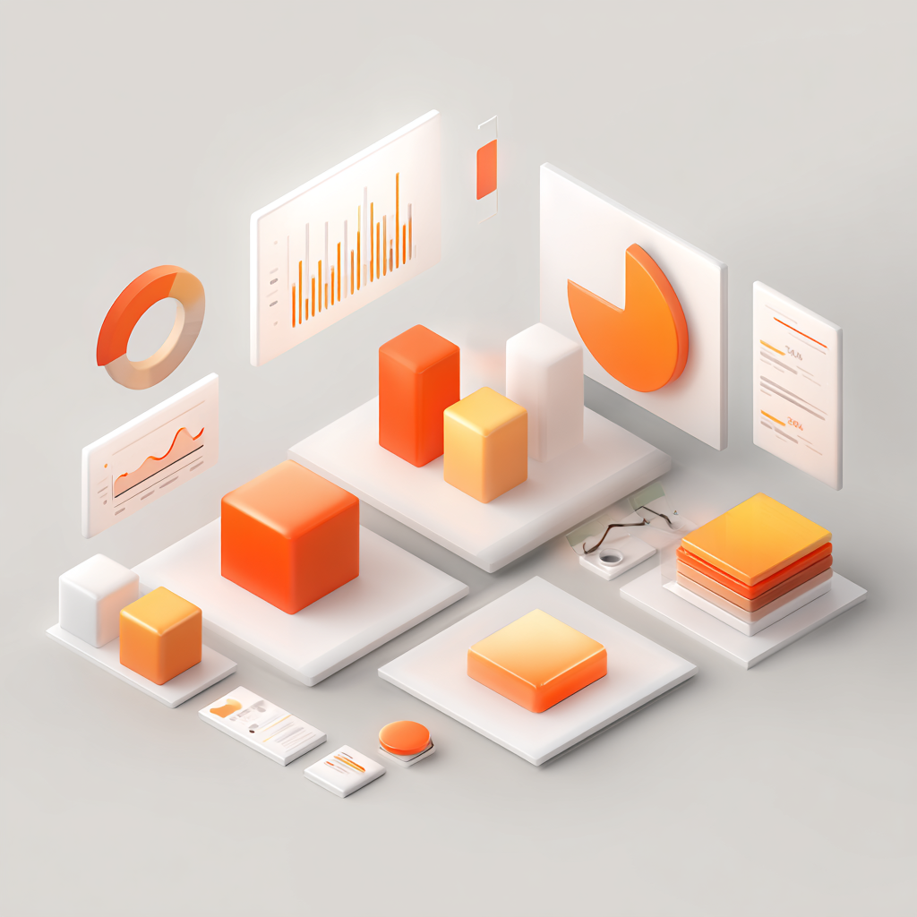 Abstract 3D infographic with charts, graphs, and data representations in orange and white colors.
