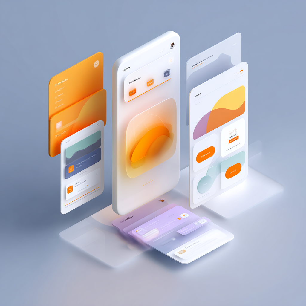 A digital illustration showcasing multiple interconnected mobile app screens with abstract designs, graphs, and user interface elements in orange, purple, and white.