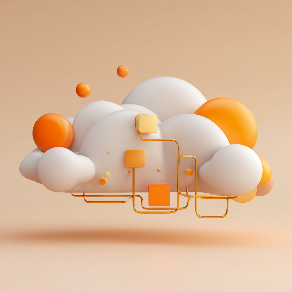 Abstract cloud composed of white and orange 3D spheres with gold lines connecting squares, set against a beige background.