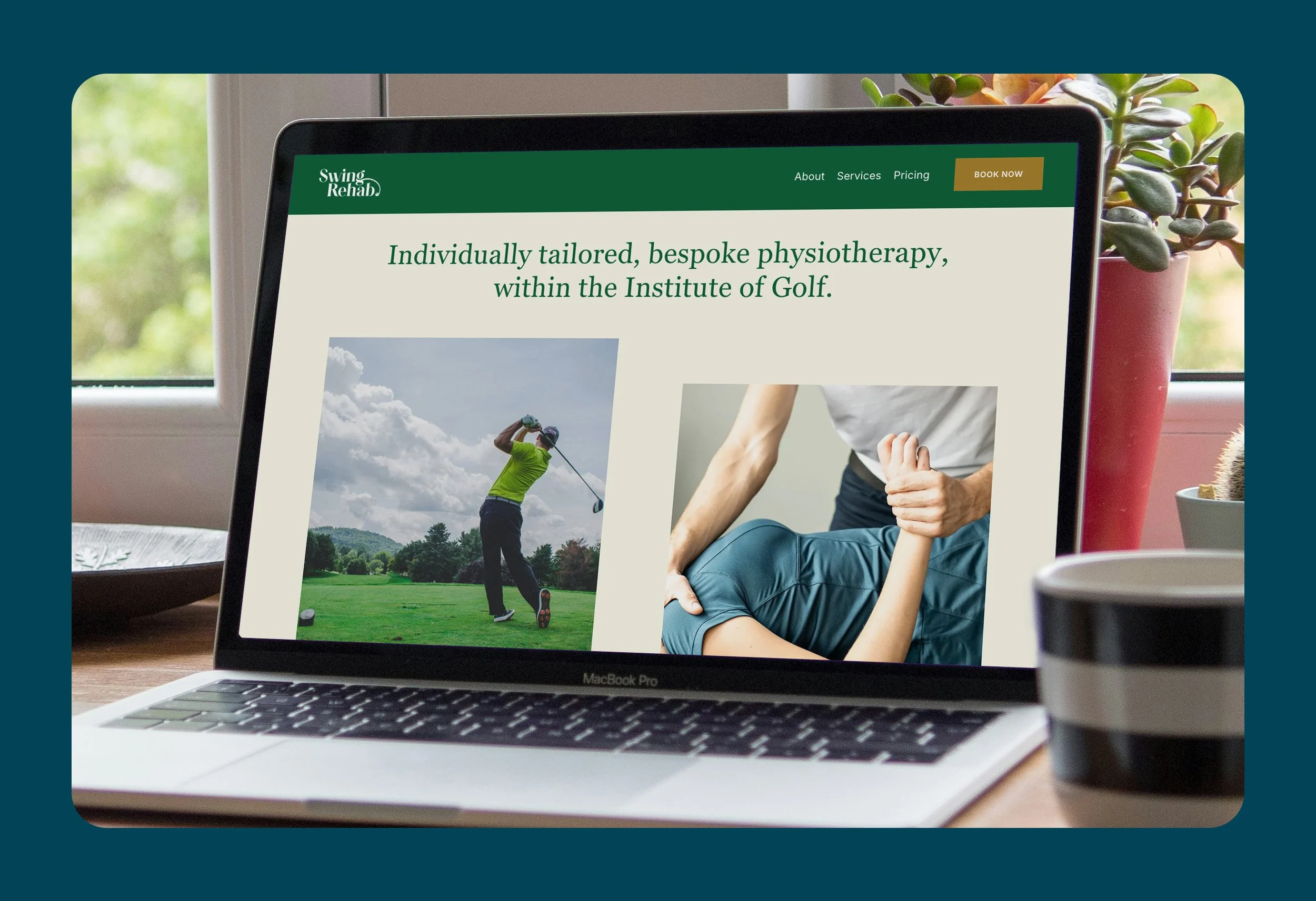Laptop displaying a website for Swing Rehab, a physiotherapy service within the Institute of Golf, with images of a golfer and a person receiving physiotherapy.