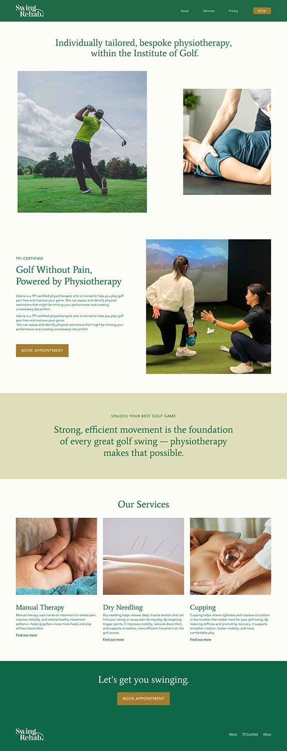 Website homepage for Swing Rehab, a physiotherapy service for golfers, featuring images of people receiving therapy, practicing golf, and performing physiotherapy treatments.