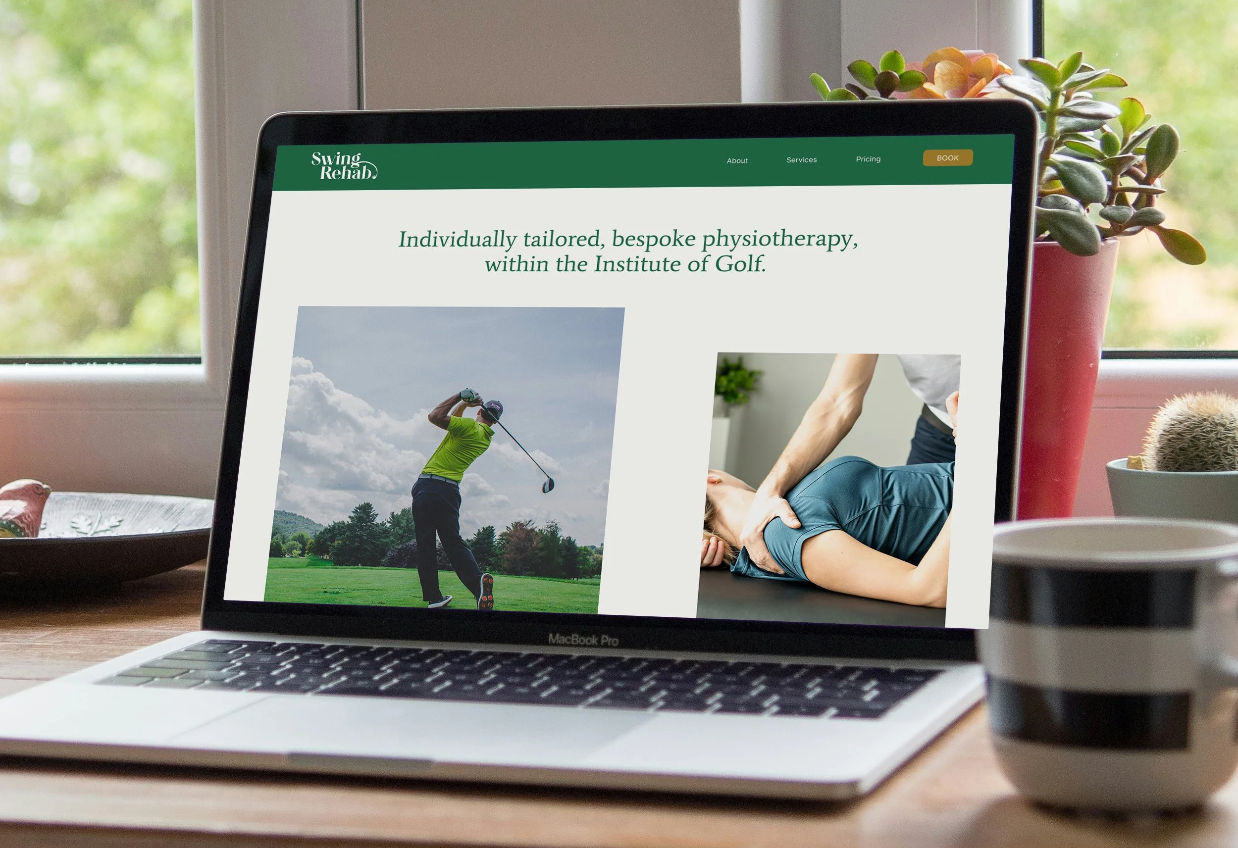 Laptop on a wooden table displaying a website for Swing Rehab, showing images of a golfer and a person receiving physiotherapy, with a window, potted plants, a mug, and blurred greenery in the background.