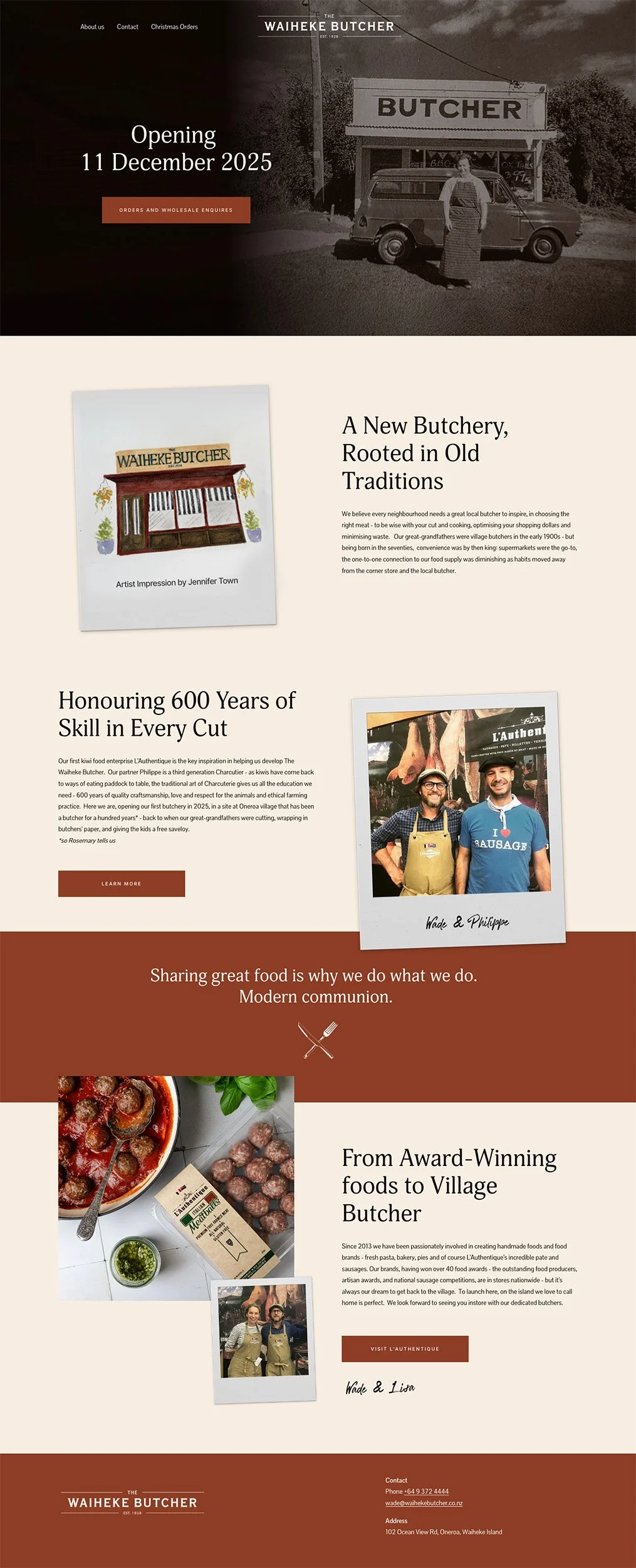Website for Waiheke Butcher announcing opening date, featuring vintage black-and-white photo of a butcher shop with a woman standing outside and a small delivery vehicle. Includes sections about the butcher shop's history, passion for quality food, and contact details.