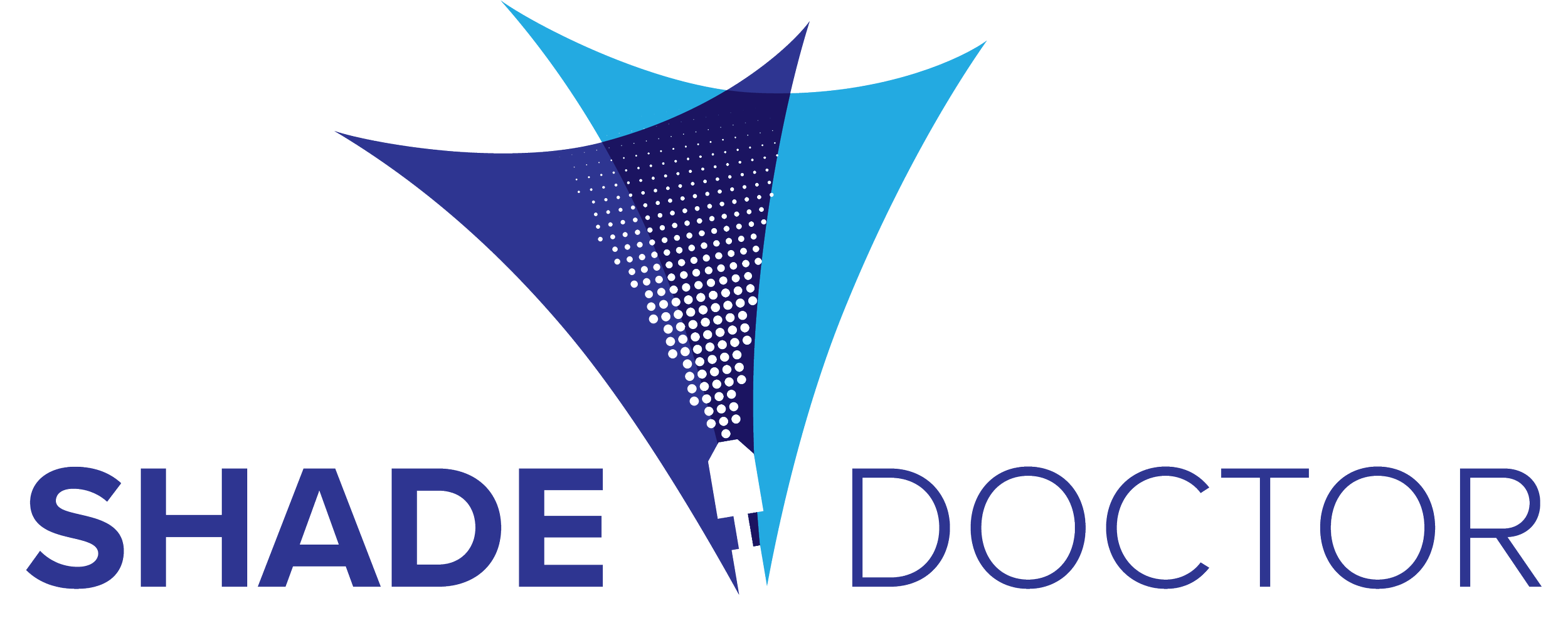 Logo for Shade Doctor featuring a stylized umbrella with shades of blue and a dotted pattern, with the words "SHADE DOCTOR" underneath.