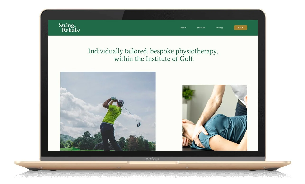 Laptop screen displaying a website for Swing Rehab, offering individualized physiotherapy within the Institute of Golf, featuring images of a golfer and a physiotherapy session.