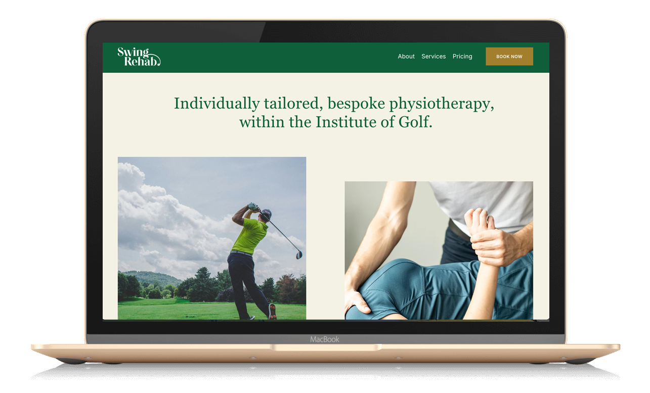Laptop screen displaying Swing Rehab website with images of a golfer and a physiotherapist treating a patient, and text about tailored physiotherapy within the Institute of Golf.