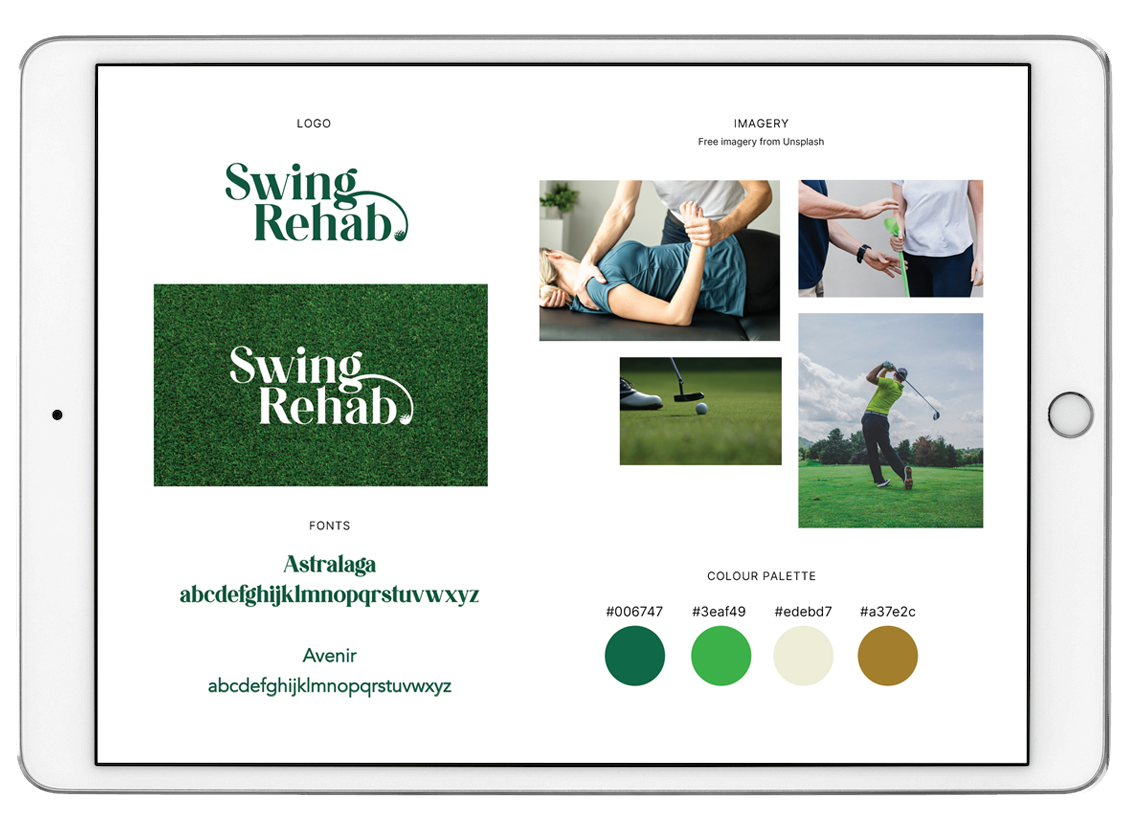 Digital design showcasing a logo for 'Swing Rehab' with a golf course theme, including images of physical therapy, golf equipment, and a person swinging a golf club, along with font and color palette information.