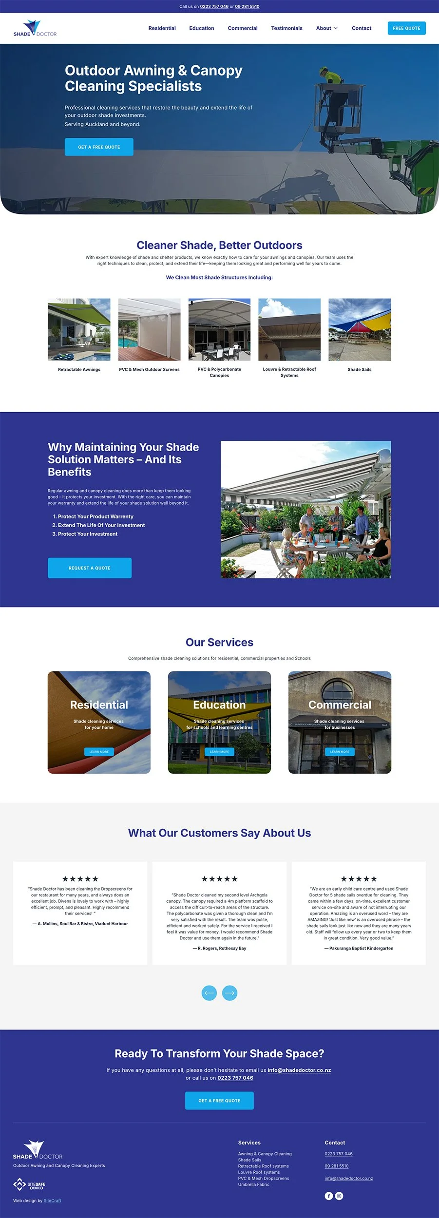 Screenshot of a website homepage for a company called Shade Doctor, offering outdoor awning and canopy cleaning services. The page includes a header with contact info and navigation links, a hero section with a worker on an elevated platform cleaning a large outdoor shade, sections listing services such as retractable awnings and shade sails, customer testimonials, and a footer with contact details and service information.