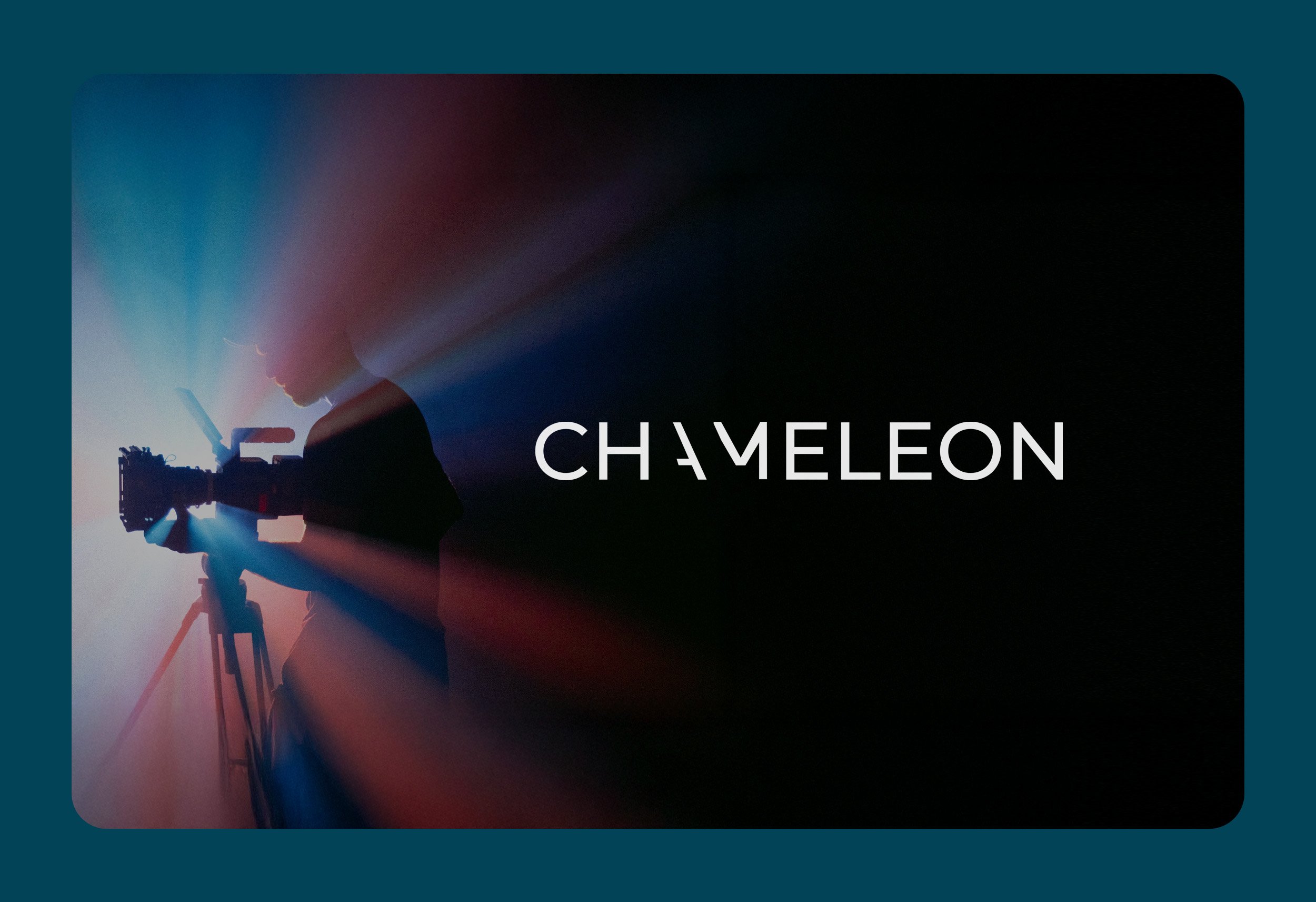 Silhouette of a photographer with a camera on a tripod, colorful light beams shooting outward, and the word 'CHAMELEON' in white text.