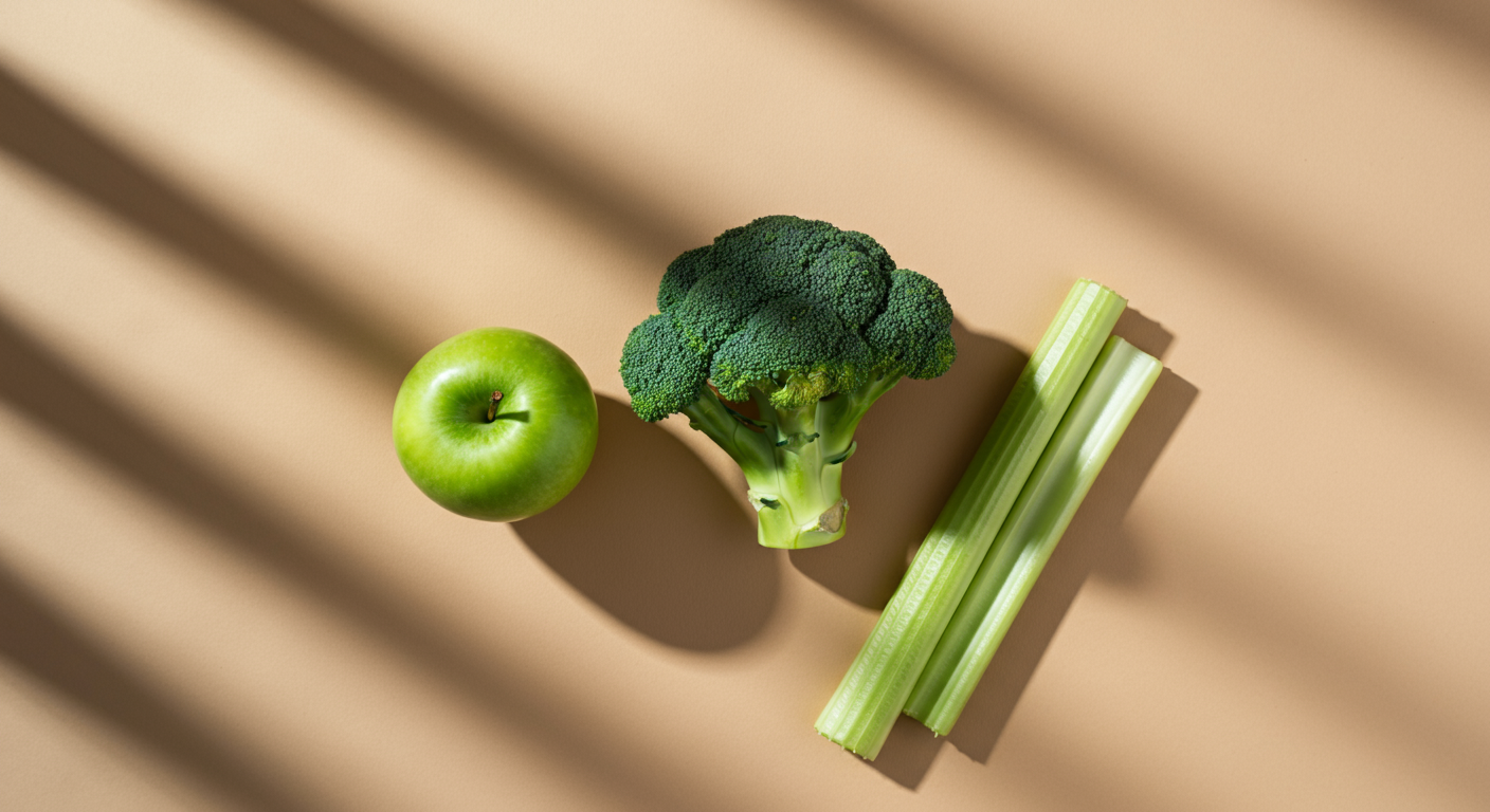 A green apple, a stalk of broccoli, and celery sticks on a beige surface with shadows.