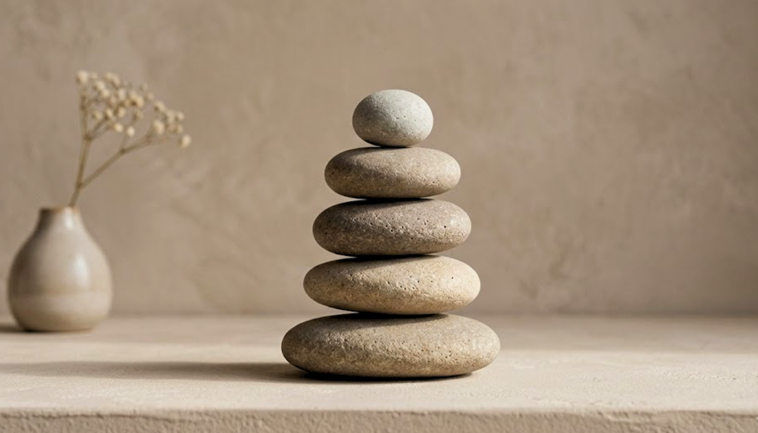 Balanced Zen stones next to a small vase, illustrating the holistic and balanced approach to child development and speech therapy.