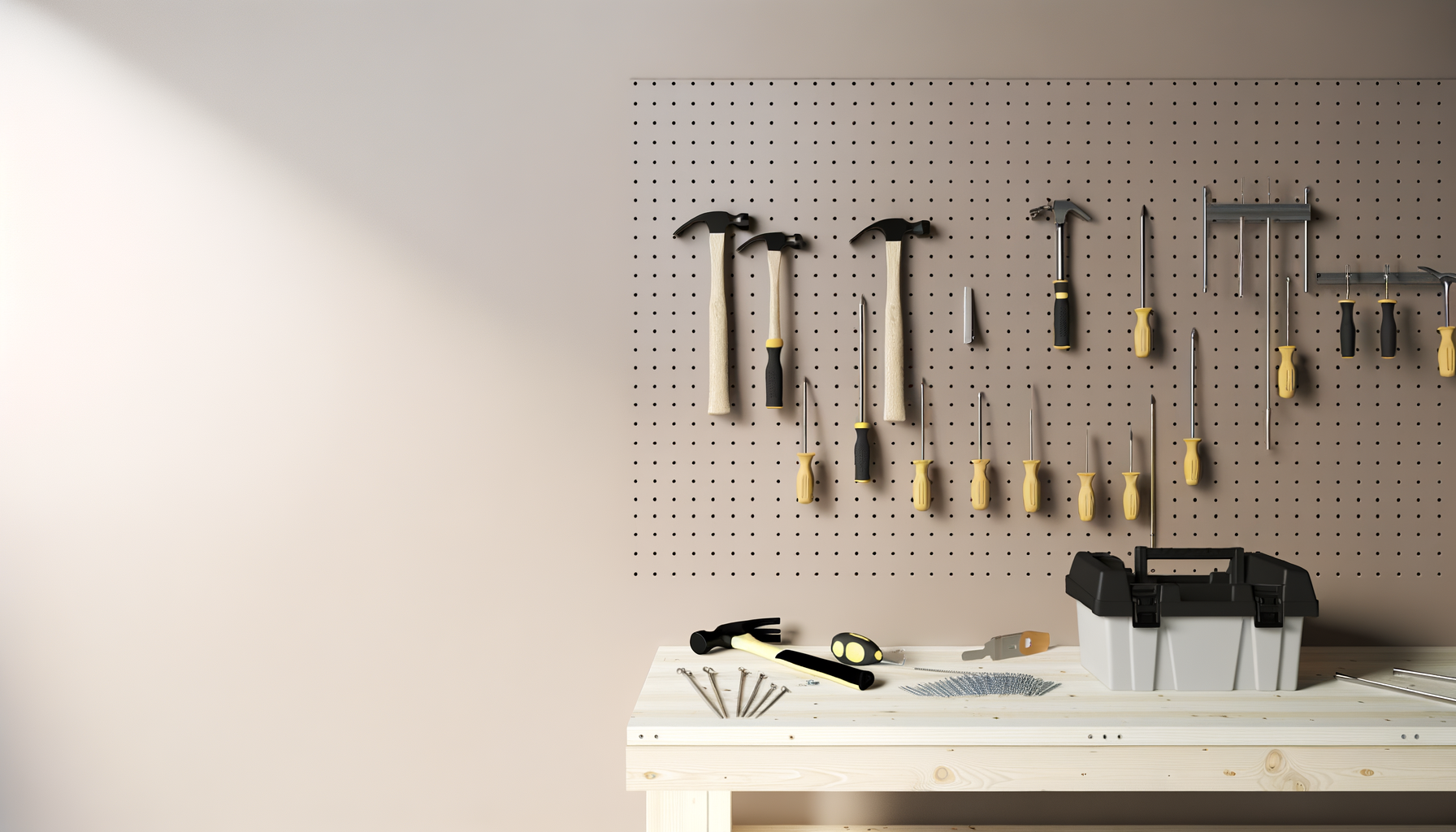 Banco de trabajo con herramientas de carpintería y un panel perforado con varias herramientas colgadas, incluyendo martillos, destornilladores y unas pocas herramientas en el banco.