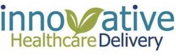 Logo for Innovative Healthcare Delivery with the word 'innovative' featuring a leaf integrated into the letter 'v', and 'Healthcare Delivery' written below.