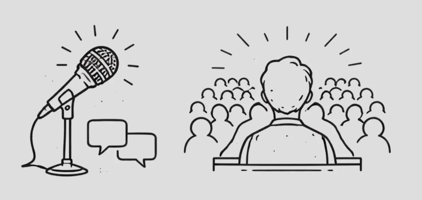 A cartoon drawing of a microphone on a stand and an audience facing a speaker at a podium, indicating a public speaking or presentation event.