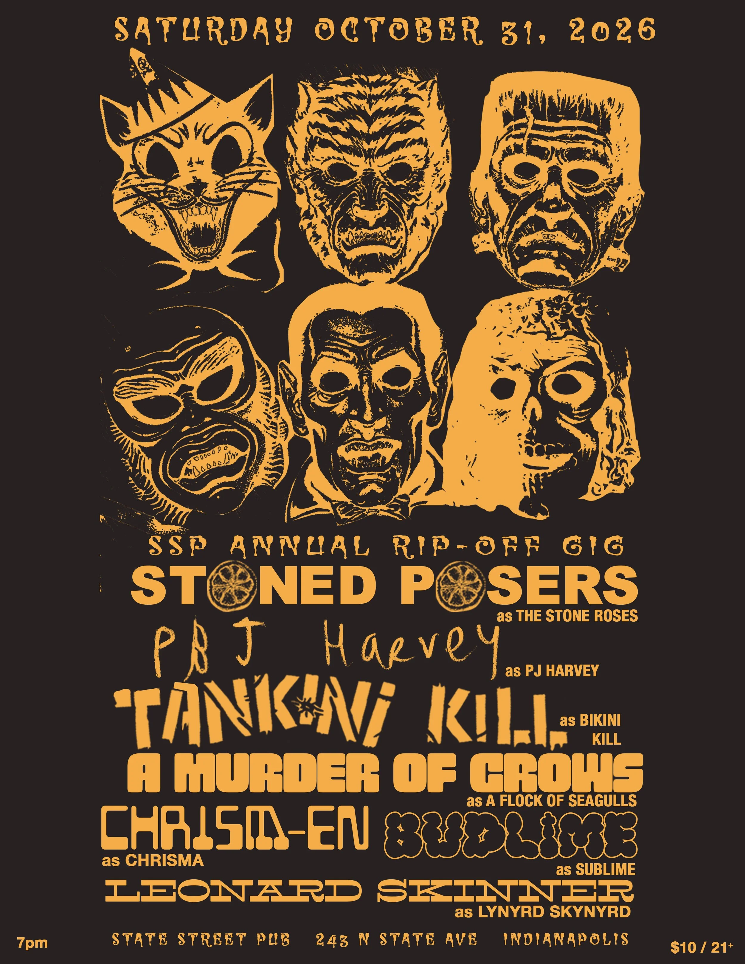 SSP ANNUAL RIP-OFF GIG feat. STONE POSERS (Stone Roses), PBJ HARVEY (PJ Harvey), TANKINI KILL (Bikini Kill), A MURDER OF CROWS (A Flock of Seagulls), CHRISM-EN (Chrisma), BUDLIME (Sublime) & more